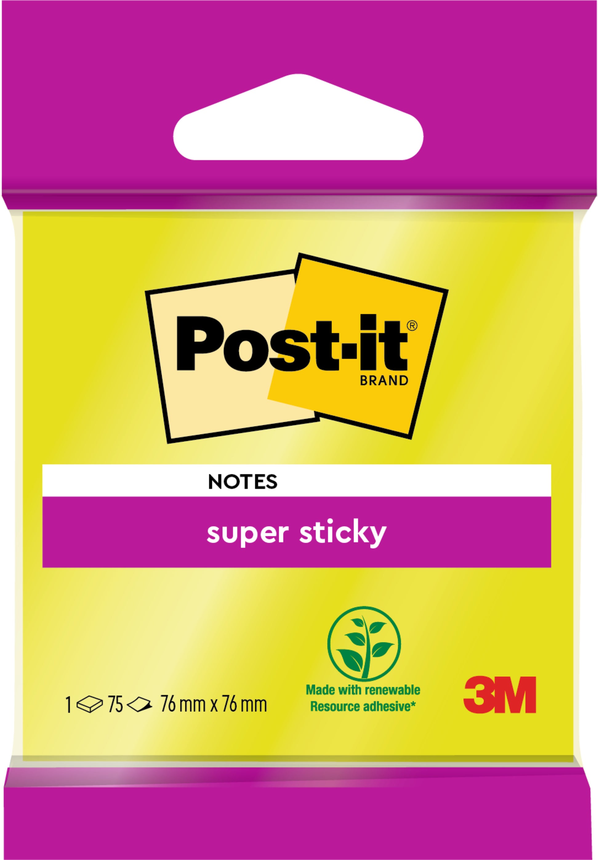 Eine Packung Post-it® Super Sticky Notes 6820S3 von 3M Deutschland GmbH, 76x76 mm in neongrün, neonpink, ultragelb, ultragrün und ultrapink; 1 Block mit 75 Blatt; aus 100% PEFC-zertifiziertem Papier.
