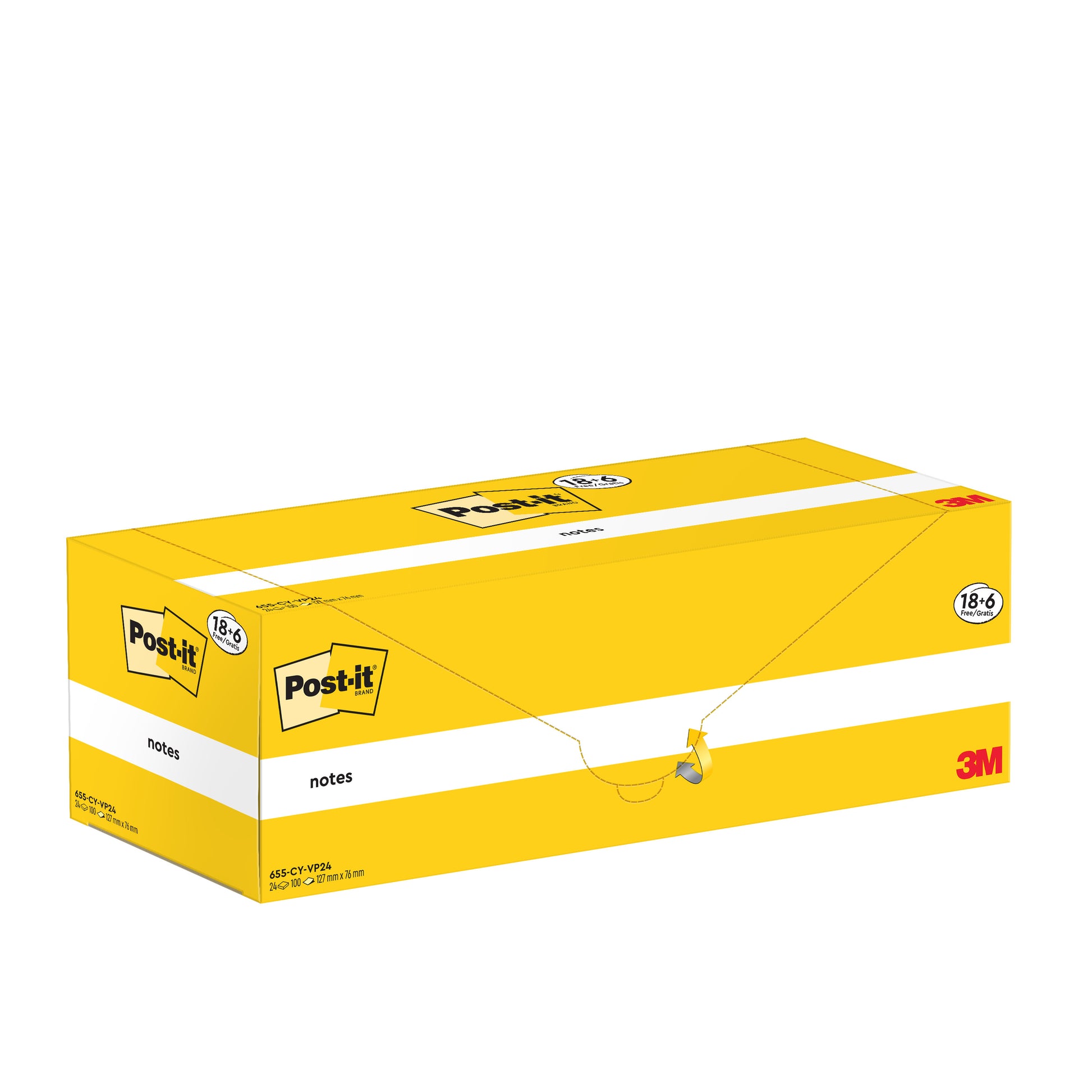 Eine rechteckige gelb-weiße Schachtel mit Post-it® Notes von 3M Deutschland GmbH, Gelb, 76 x 127 mm, 100 Blatt/Block, 18 Blöcke plus 6 gratis im Karton mit Logos und Produktinfos auf der Verpackung, PEFC-zertifiziert.