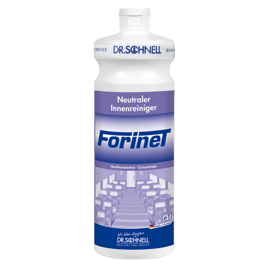 Eine weiße Flasche Dr. Schnell FORINET Fahrzeuginnenreiniger der DR.SCHNELL GmbH & Co. KGaA, mit blau-weißem Etikett, das einen Innenraum zeigt, ideal für die Reinigung von Autoinnenräumen und die Entfernung von hartnäckigem Schmutz.