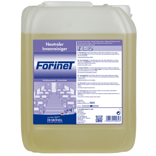 Ein 10-Liter-Kunststoffbehälter des Dr. Schnell FORINET Fahrzeuginnenreinigers der DR.SCHNELL GmbH & Co. KGaA, mit weißem Deckel und großem Etikett mit Anwendungshinweisen, Symbolen und Bildern für die effektive Innenreinigung von Fahrzeugen.