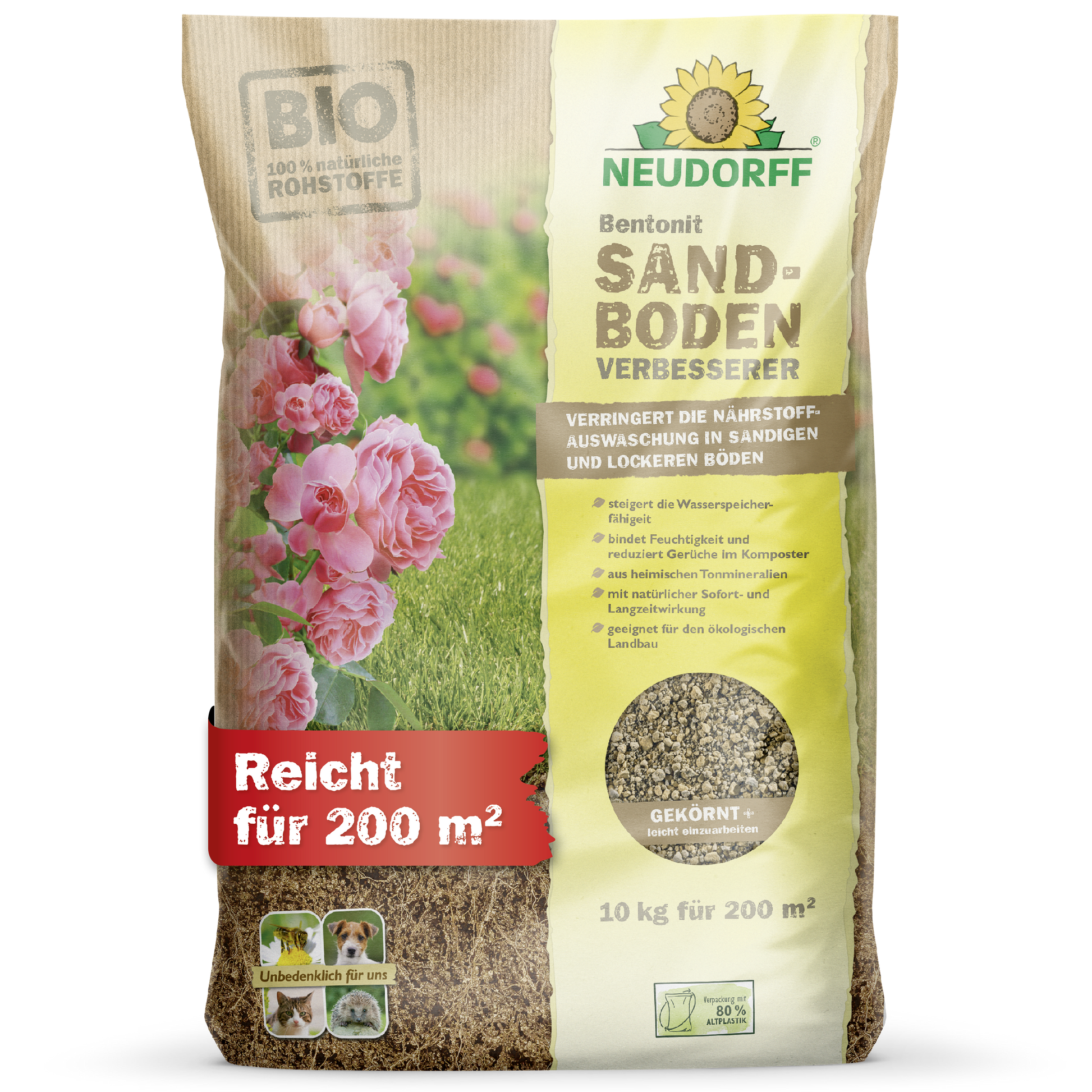 Ein 10-kg-Sack Neudorff Shop Bentonit SandbodenVerbesserer reicht für 200 m², ist ideal für sandige Böden und hat eine Verpackung mit rosa Blüten und einer Nahaufnahme des mineralstoffreichen Inhalts.