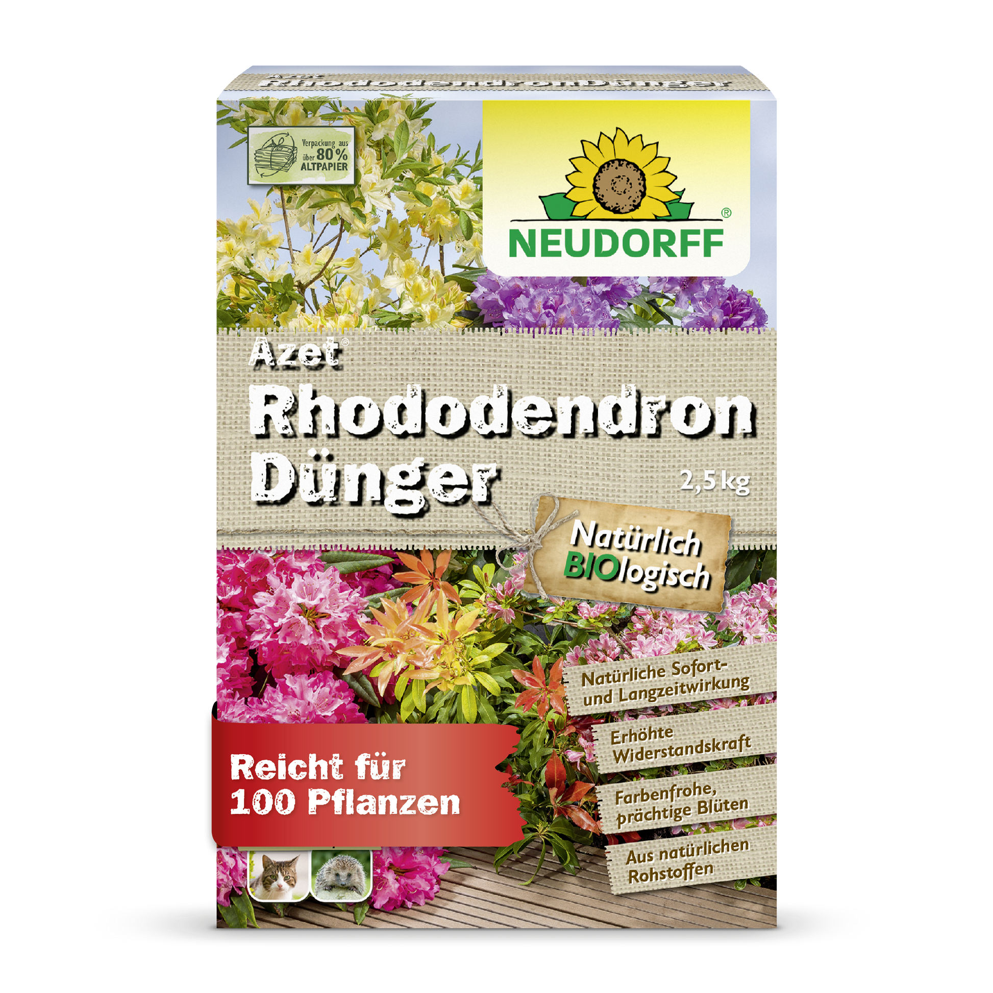 Eine 2,5-kg-Packung Neudorff Shop Azet RhododendronDünger, ein organischer Dünger für Rhododendren und Azaleen, mit Bildern von blühenden Blumen und deutschen Produktdetails auf der Vorderseite der Verpackung.