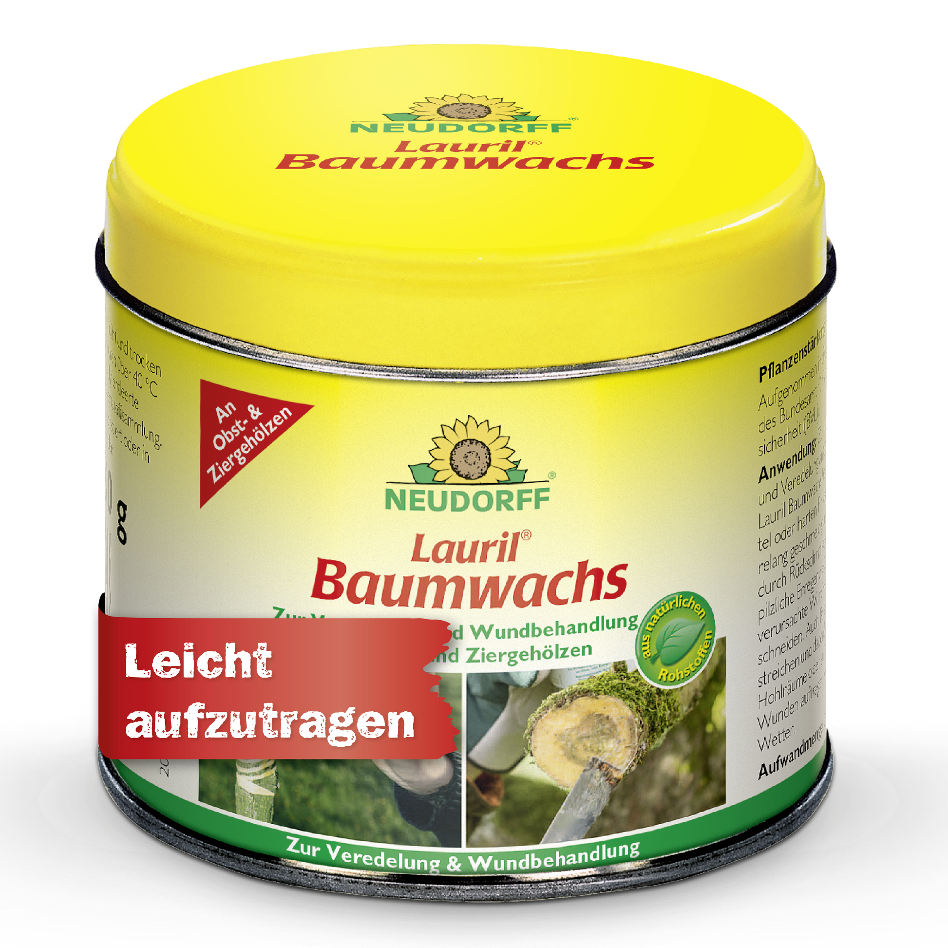 Eine runde gelbe Dose Lauril Baumwachs von Neudorff Shop mit deutschem Text, Produktinformation und einer Abbildung, die die Anwendung von Baumzweigen zeigt. Hergestellt aus natürlichen Rohstoffen, mit einem roten Etikett mit der Aufschrift "Leicht aufzutragen.