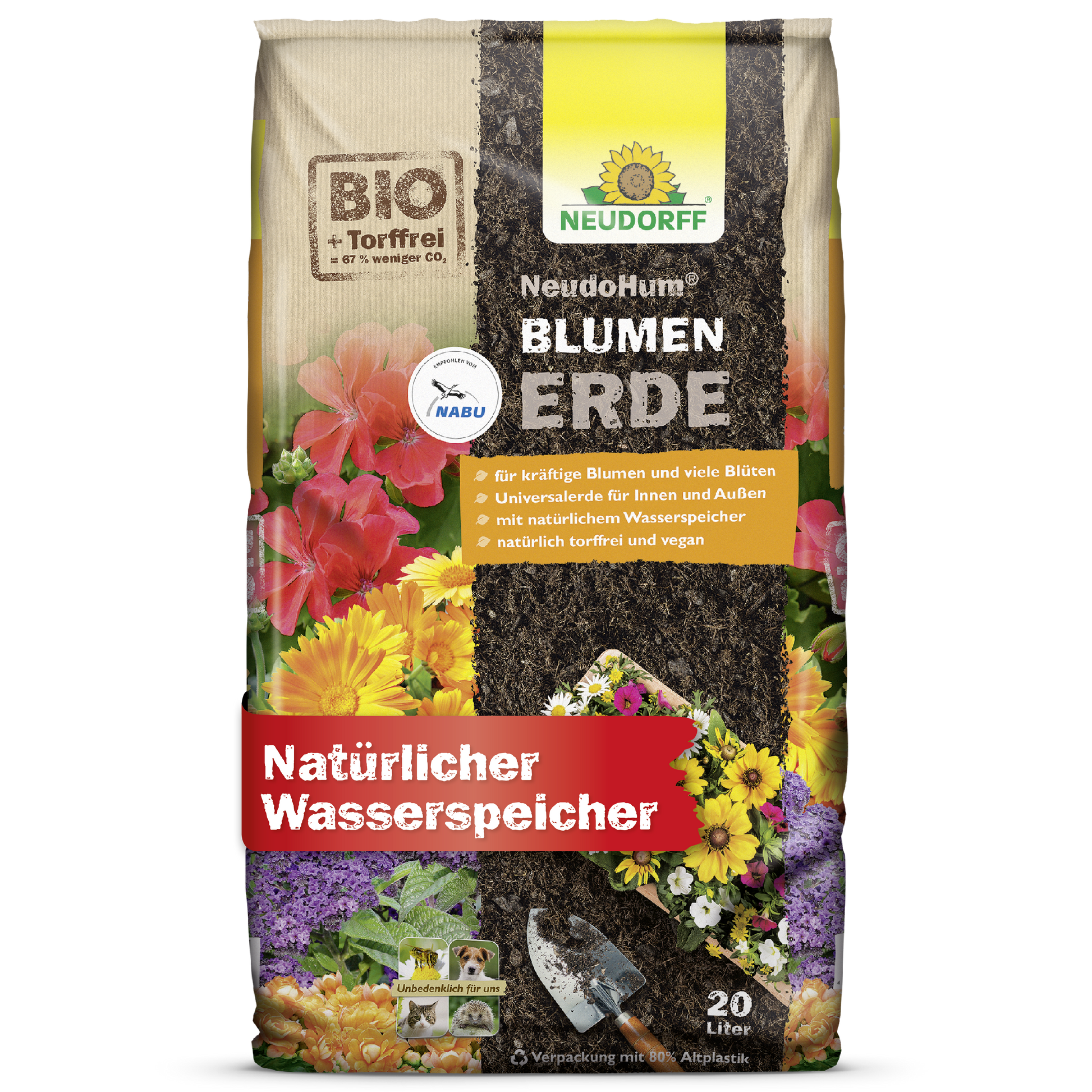 Die 20L NeudoHum BlumenErde von Neudorff Shop ist mit bunten Blumen auf der Verpackung versehen und bietet biologische, torffreie Blumenerde mit natürlichem Wasserrückhalt - perfekt für Gartenpflanzen.