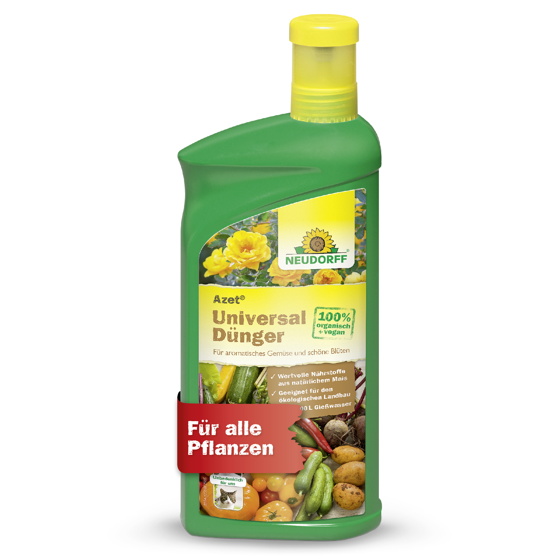 Eine grüne Flasche Neudorff Shop Azet UniversalDünger flüssig mit gelber Kappe, Blumen- und Gemüsemotiven und einem roten "Für alle Pflanzen"-Banner. Liefert ausgewogene Nährstoffe für ein gesundes Pflanzenwachstum.