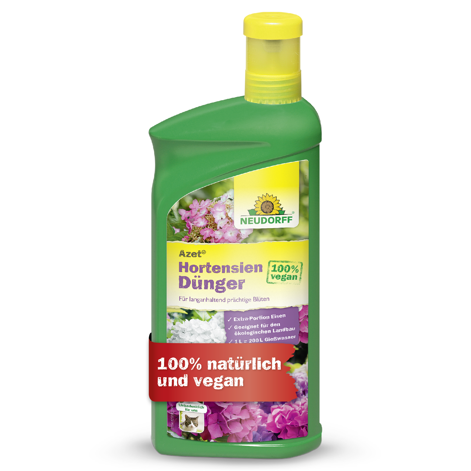 Eine grüne Flasche Neudorff Shop Azet HortensienDünger flüssig mit einer gelben Kappe. Das Etikett zeigt Blumen und die deutschen Sätze "100% vegan" und "100% natürlich und vegan".