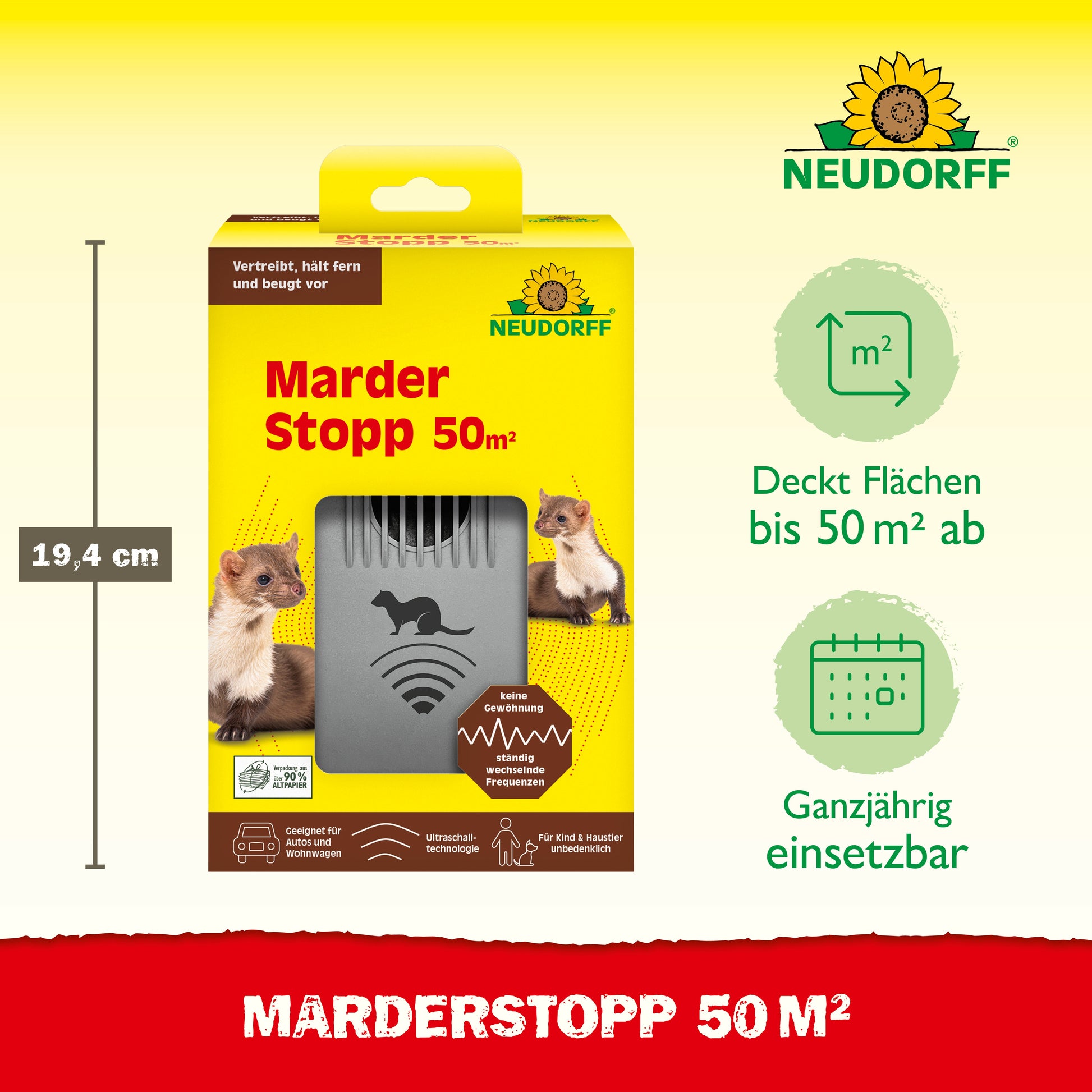 Der MarderStopp 50m² von Neudorff Shop verfügt über Ultraschall-Technologie zur Marderabschreckung, zeigt Marderbilder an, hat eine 50m² große Piktogrammfläche, ist 19,4 cm hoch und für den ganzjährigen Einsatz geeignet.