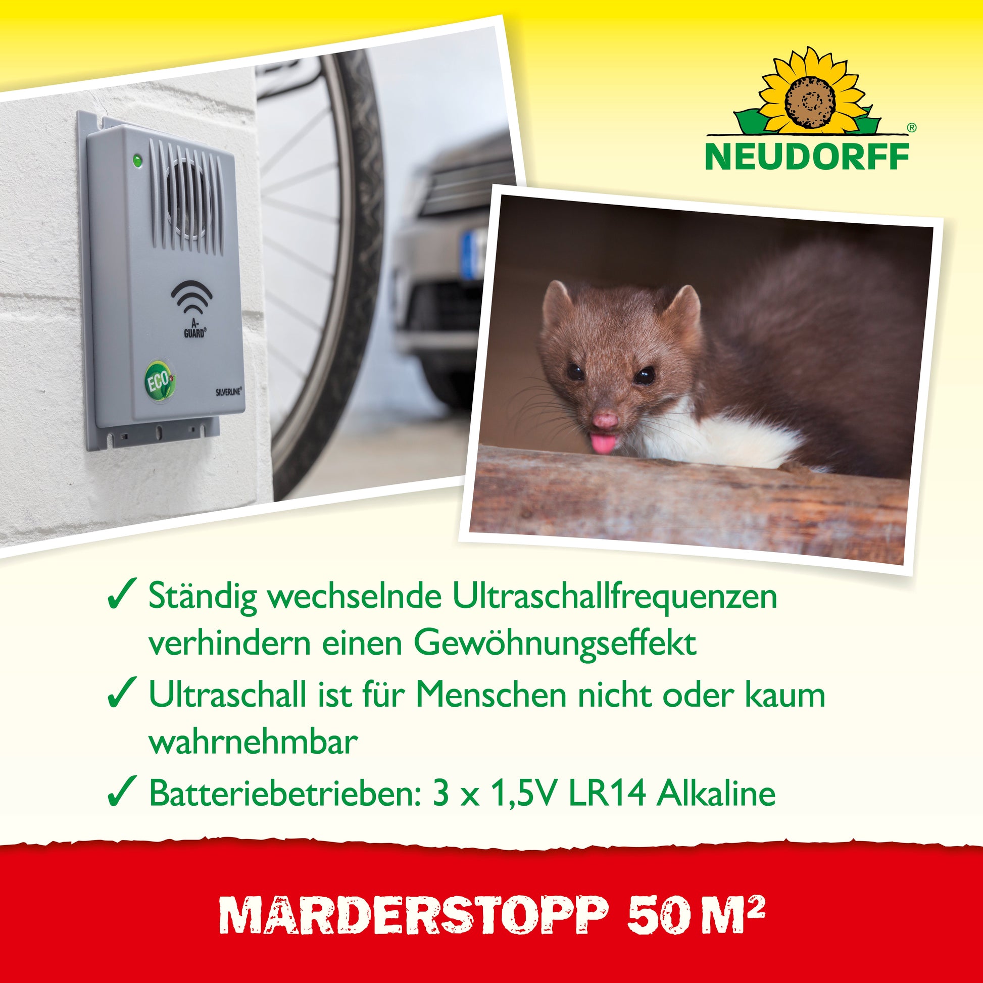 Eine Anzeige für den MarderStopp 50m2 von Neudorff Shop zeigt ein Ultraschallgerät an einer Wand mit einem Marder und hebt Merkmale wie die variable Ultraschalltechnologie zur effektiven Marderabwehr und den optionalen Kabelschutz hervor.
