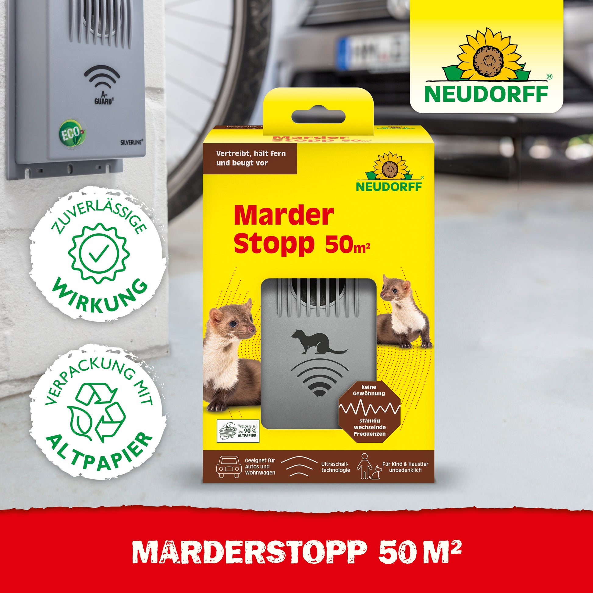 Der Neudorff Shop MarderStopp 50m2 wird in seiner Verpackung mit Ultraschall-Technologie Grafik zur Marderabwehr gezeigt. Ein Marder und ein geparktes Auto - geschützt vor durchgebissenen Kabeln - erscheinen im Hintergrund des umweltfreundlichen Designs.
