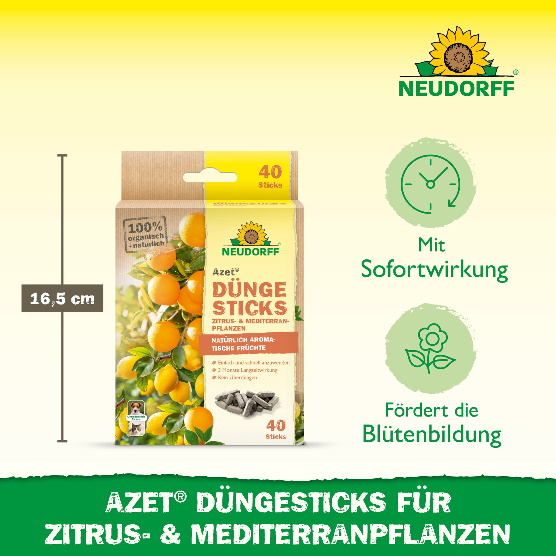 Eine Schachtel Neudorff Shop Azet Düngesticks für Zitrus- & Mediterranpflanzen, 16,5 cm, mit Zitronen und Ikonen, die schnelle Wirkung und Blütenförderung hervorheben. Text auf Deutsch.