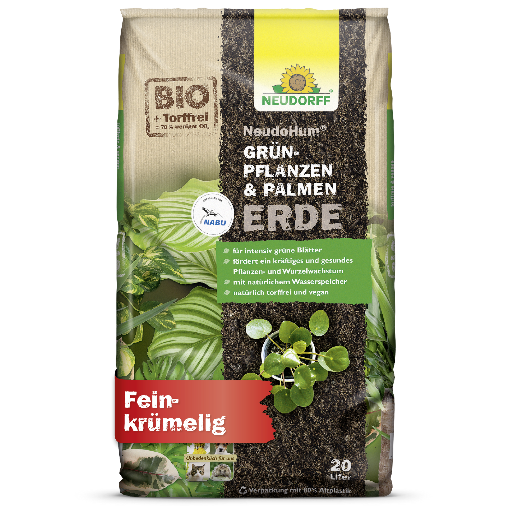 Ein 20-Liter-Sack NeudoHum Grünpflanzen- & PalmenErde aus dem Neudorff Shop, mit Bildern von grünen Blättern und Brandzeichen, ist torffreie Erde, wirkt als natürlicher Wasserspeicher und unterstützt gesundes Pflanzenwachstum.
