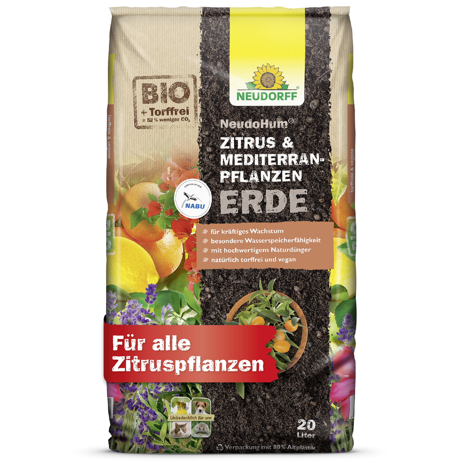 Ein 20-Liter-Sack Neudorff Shop NeudoHum Zitrus- & MediterranpflanzenErde für Zitrus- und mediterrane Pflanzen - ideal für Balkon und Terrasse - zeigt auf seiner Verpackung Zitrusfrüchte, Kräuter, Produktdetails und umweltfreundliche Logos.
