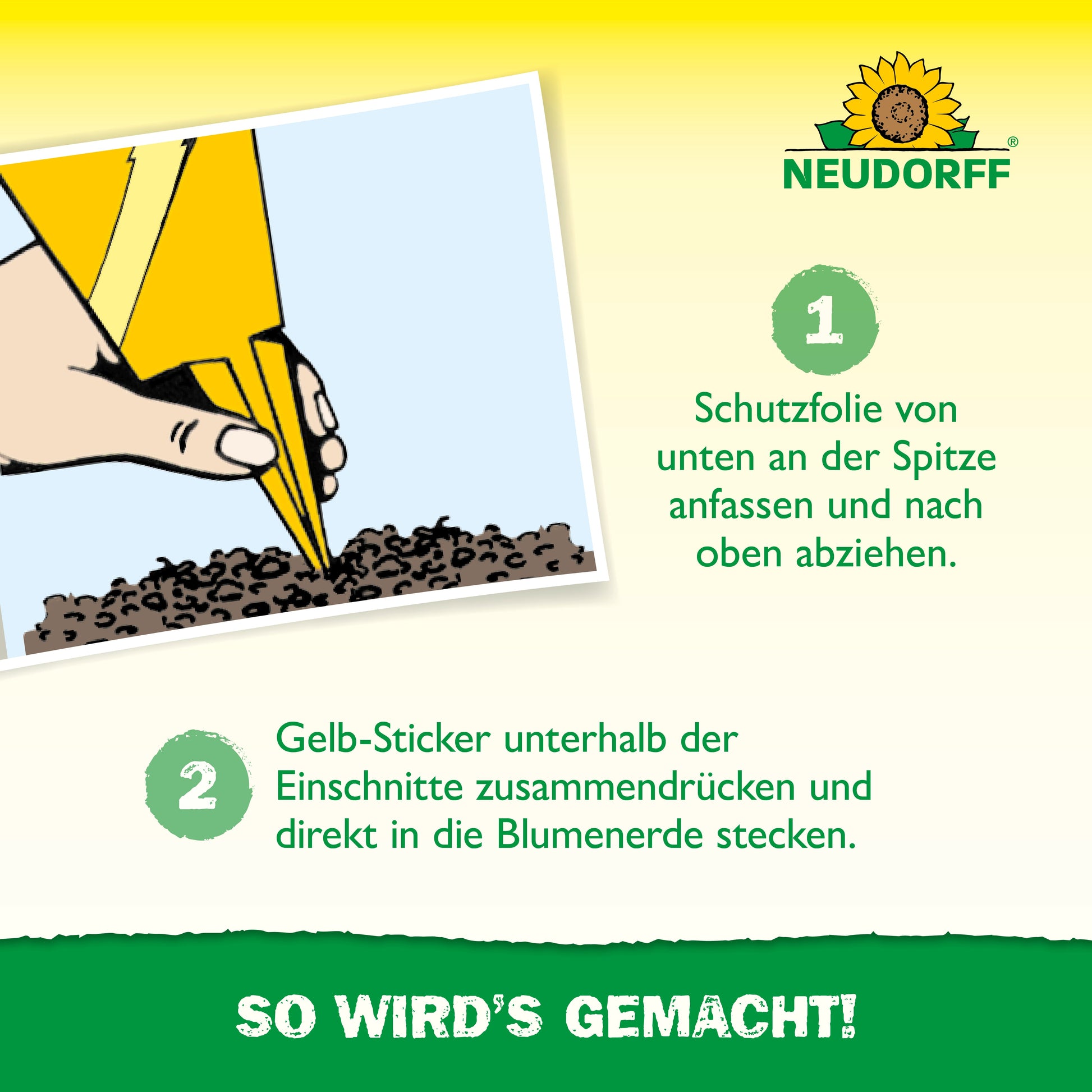 Eine illustrierte Anleitung aus dem Neudorff-Shop zeigt eine Hand, die die gelbe Folie von den Duo-Klebefallen abzieht und eine davon in die Blumenerde legt, mit einer deutschen Anleitung, wie man sie Schritt für Schritt verwendet, um Trauermücken loszuwerden.