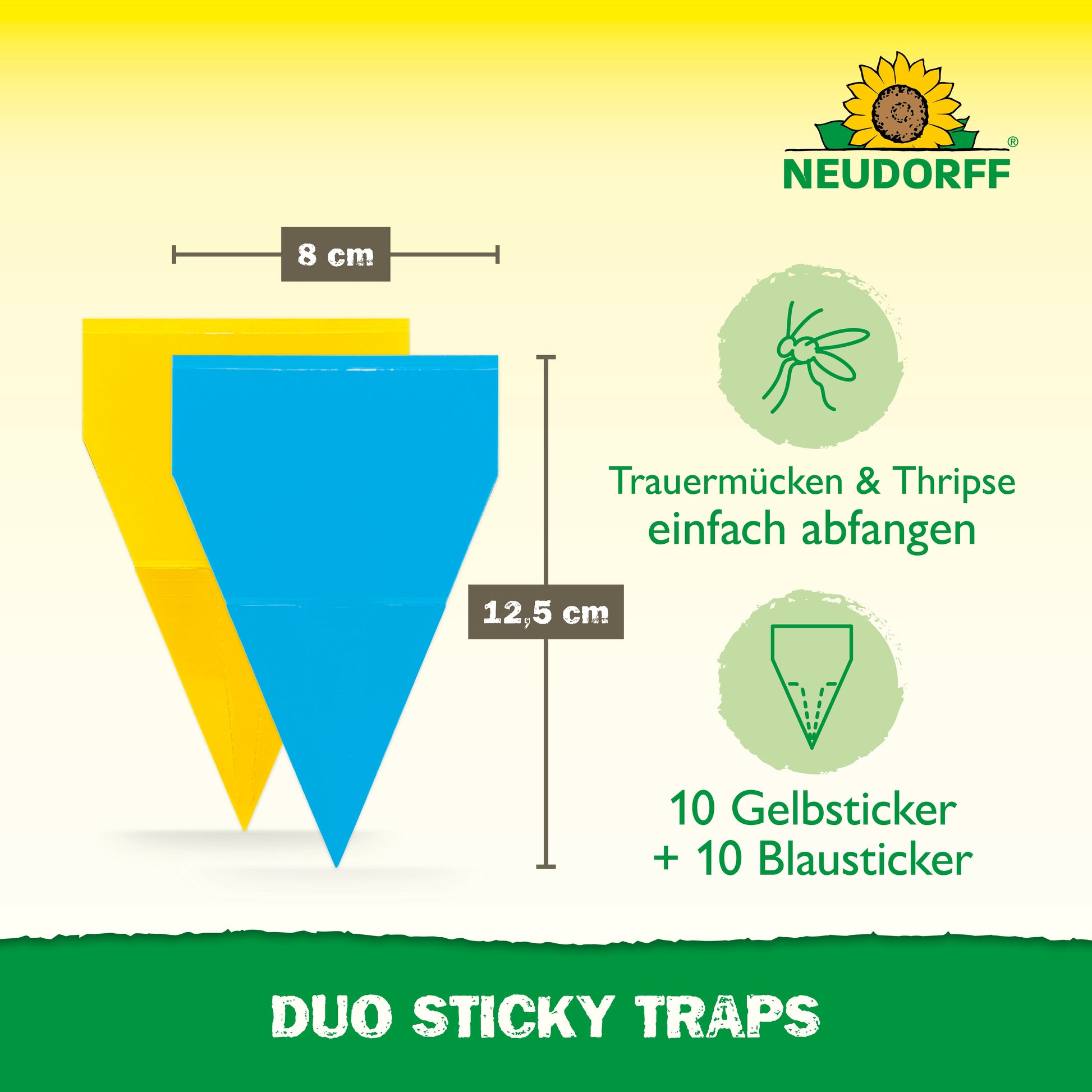Die Packung Neudorff Shop Duo Klebefallen enthält 10 gelbe und 10 blaue Fallen (je 8x12,5 cm) zum effektiven Fang von Trauermücken und Thripsen.