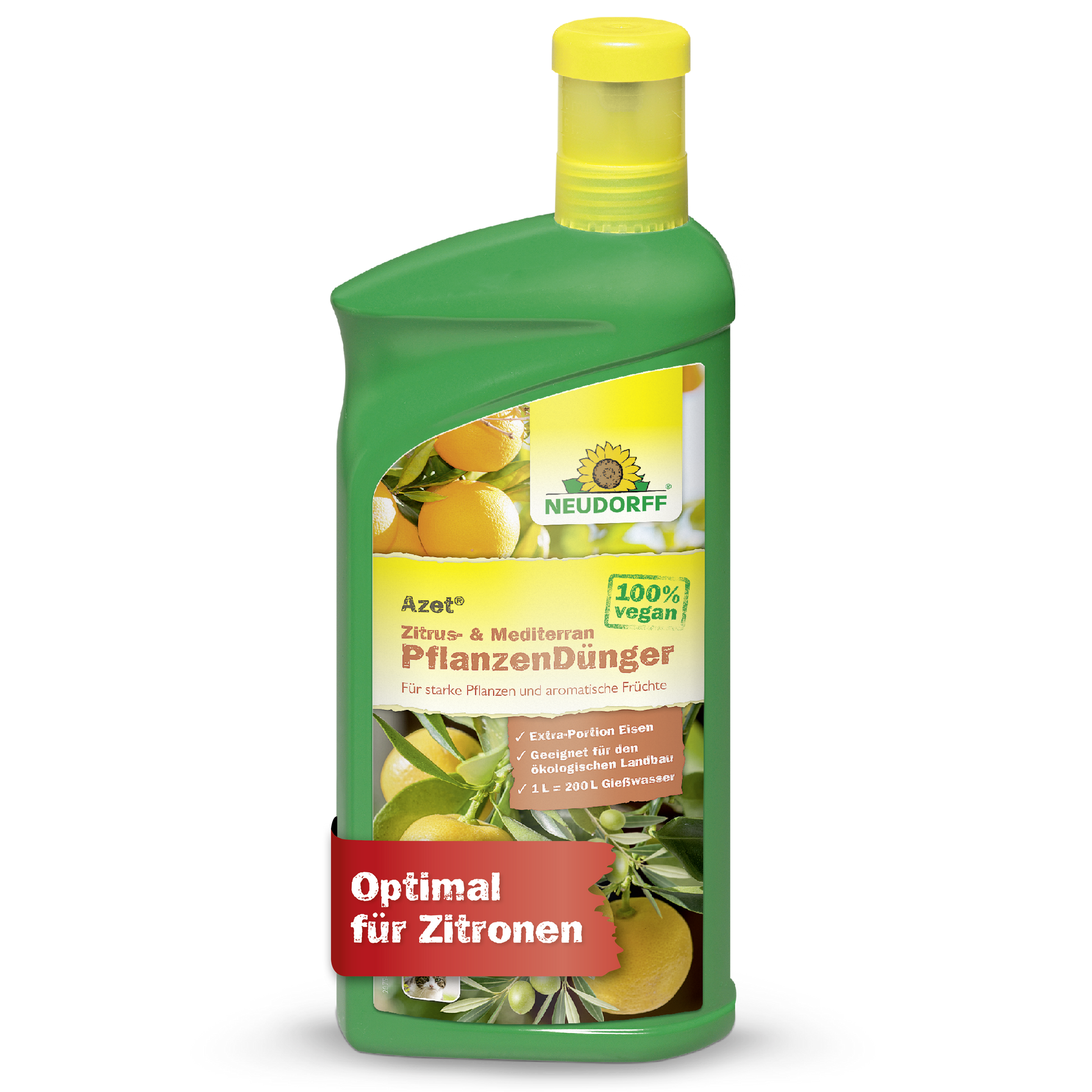 Eine grüne Plastikflasche von Neudorff Shop Azet Zitrus- & MediterranpflanzenDünger flüssig mit einer gelben Kappe, die Bilder von Zitrusfrüchten zeigt und als 100% veganer Flüssigdünger für mediterrane Pflanzen wie Zitronen und Oleander beschriftet ist.