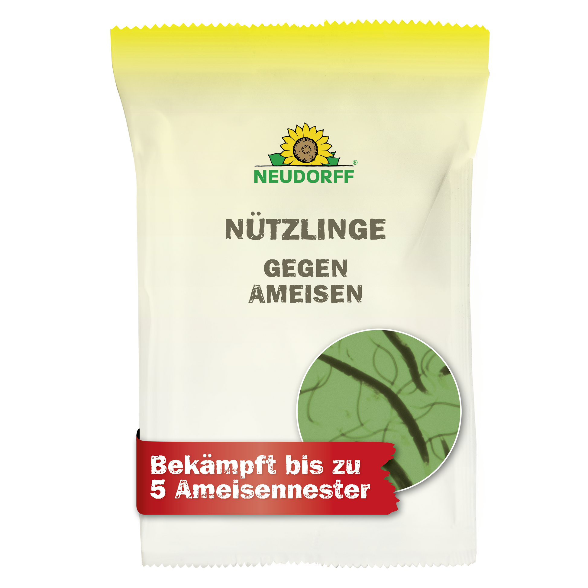 Eine weiße Packung mit gelbem Deckel aus dem Neudorff Shop mit der Aufschrift "Nützlinge gegen Ameisen" zeigt vergrößerte Insekten. Auf einem roten Aufkleber steht: "Bekämpft bis zu 5 Ameisennester" - mit Nematoden effektiv Ameisen bekämpfen.