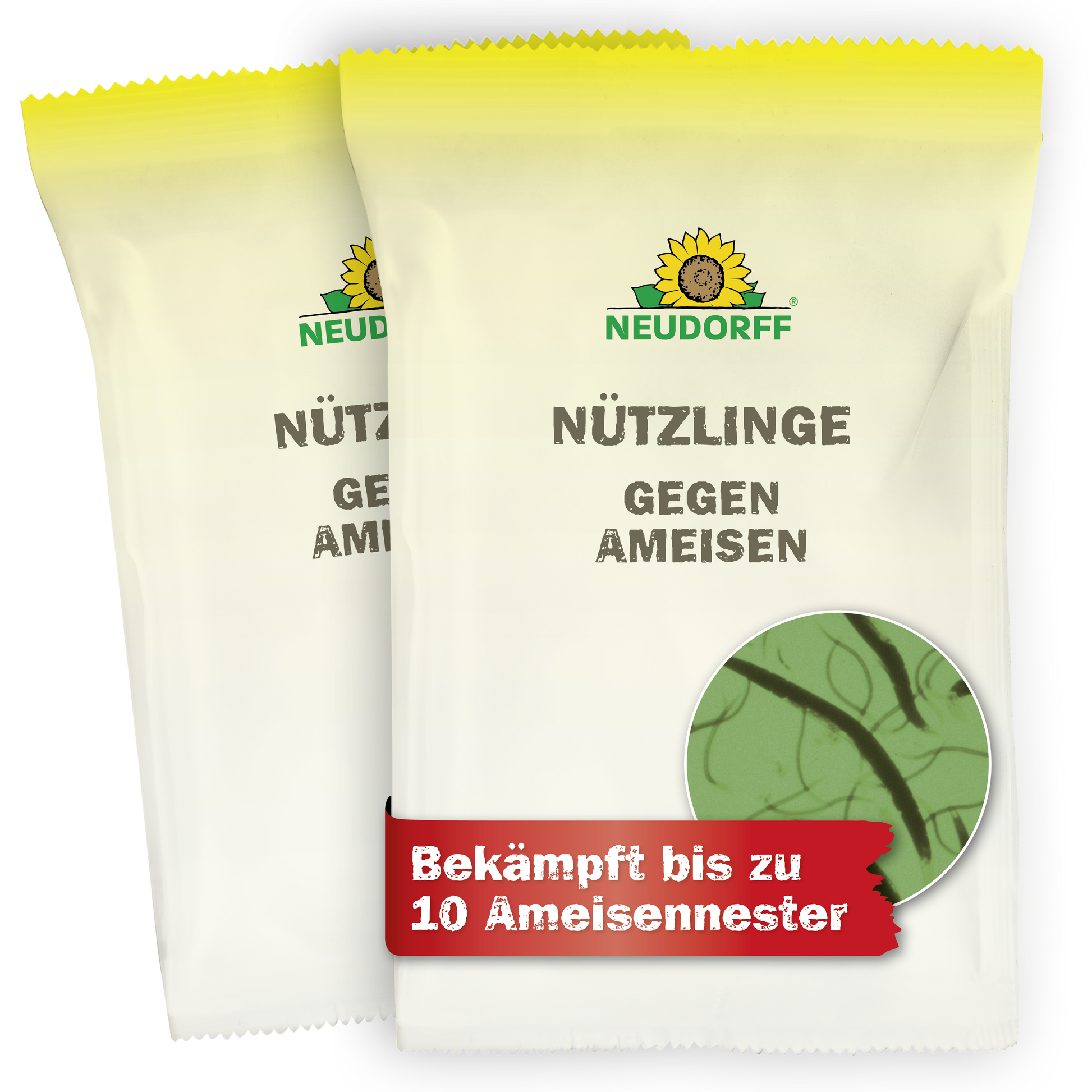 Zwei Packungen Neudorff Shop Nützlinge gegen Ameisen sind mit einem Sonnenblumen-Logo, deutschem Text und einem roten Etikett "Bekämpft bis zu 10 Ameisennester" versehen. Eine Beilage zeigt Insekten/Larven und hebt wirksame Nematoden zum Ameisen bekämpfen hervor.