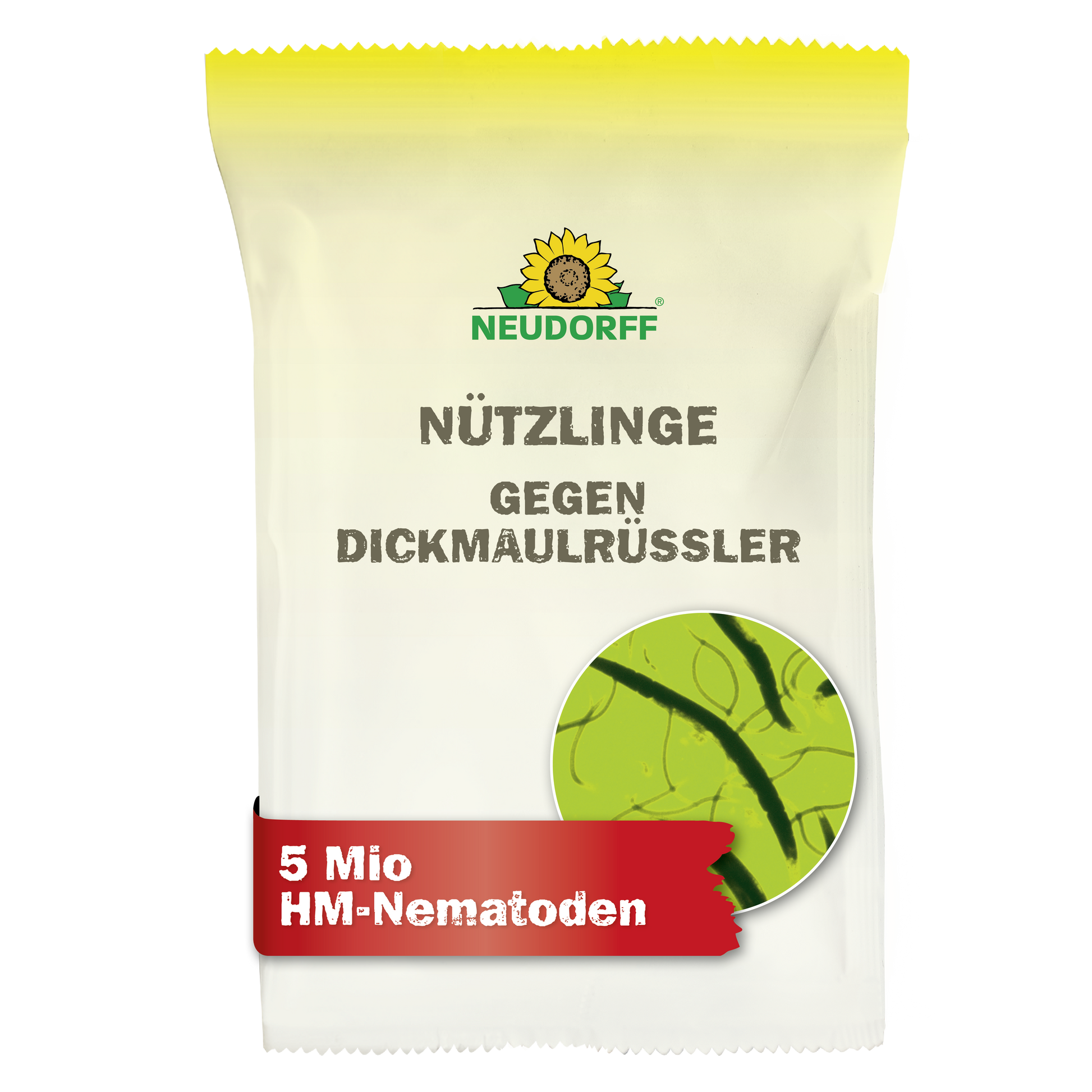 Eine weiße Verpackung mit der Aufschrift "Nützlinge gegen Dickmaulrüssler" aus dem Neudorff Shop zeigt einen kreisförmigen Aufdruck mit Nematoden zur natürlichen Schädlingsbekämpfung und hebt "5 Mio HM-Nematoden" zur Bekämpfung von Engerlingen hervor.