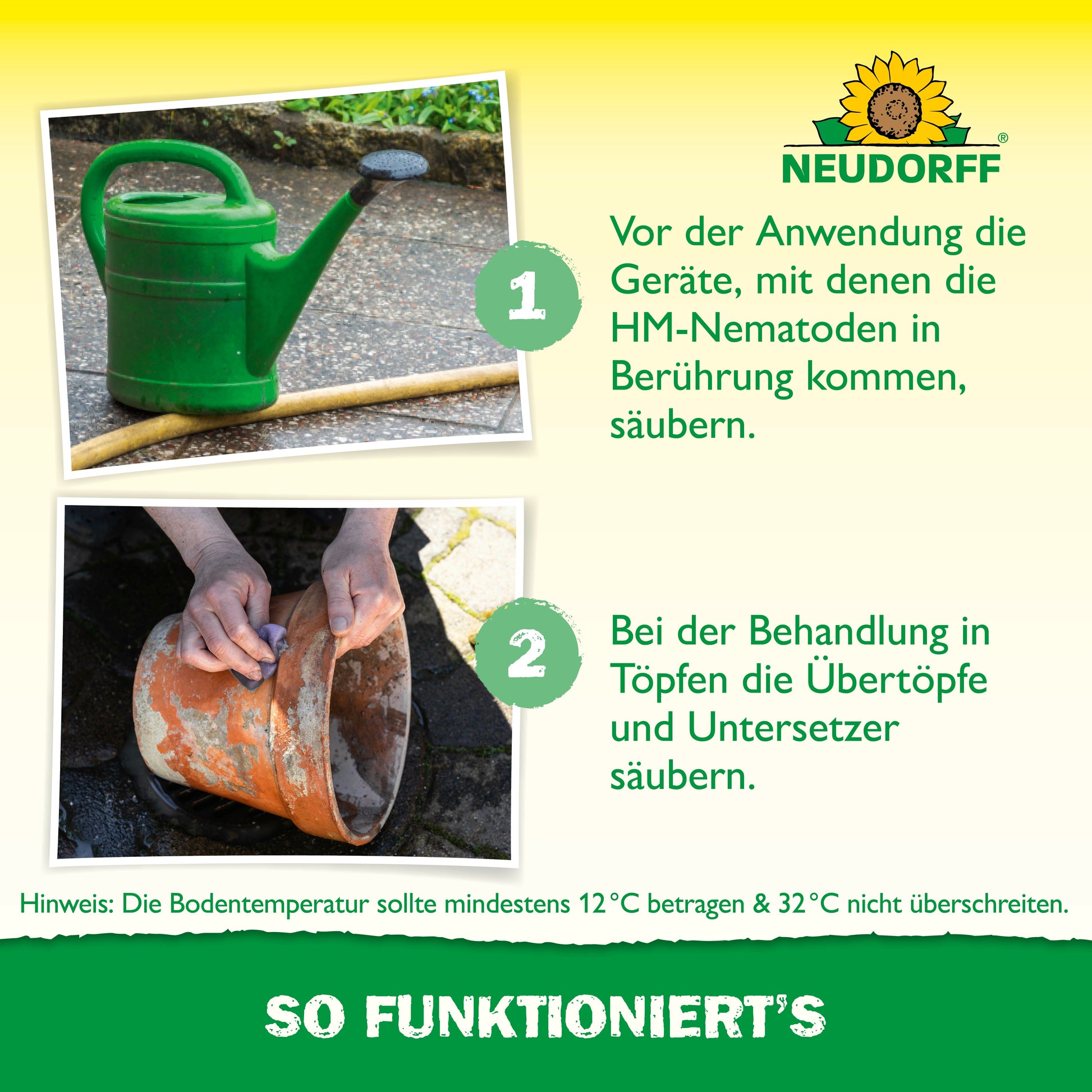Eine grüne Gießkanne und ein schmutziger Blumentopf werden gereinigt. Zur natürlichen Schädlingsbekämpfung mit Nützlingen gegen Dickmaulrüssler von Neudorff Shop sollten auch Übertöpfe und Untersetzer gesäubert werden.