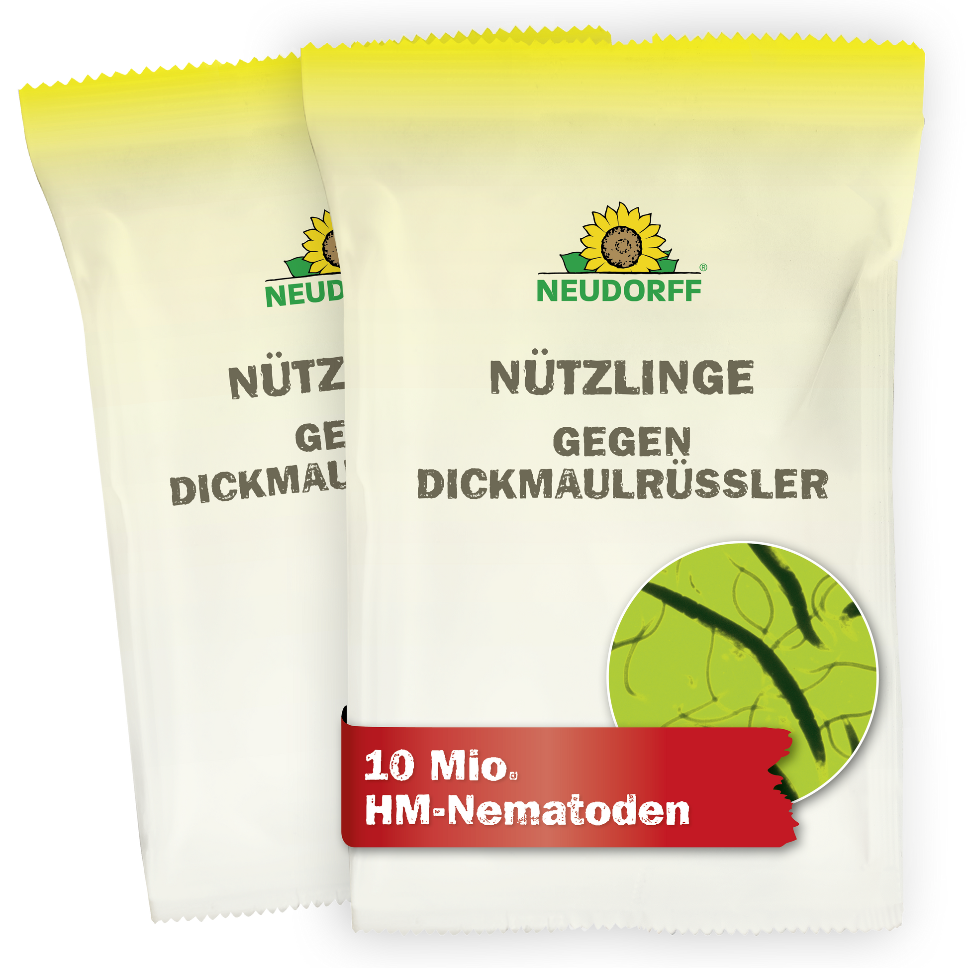 Zwei Packungen Neudorff Shop Nützlinge gegen Dickmaulrüssler zeigen das Sonnenblumenlogo, den Produktnamen, ein Mikroskopbild von Nematoden und das Label "10 Mio. HM-Nematoden" zur natürlichen Schädlingsbekämpfung gegen Engerlinge.