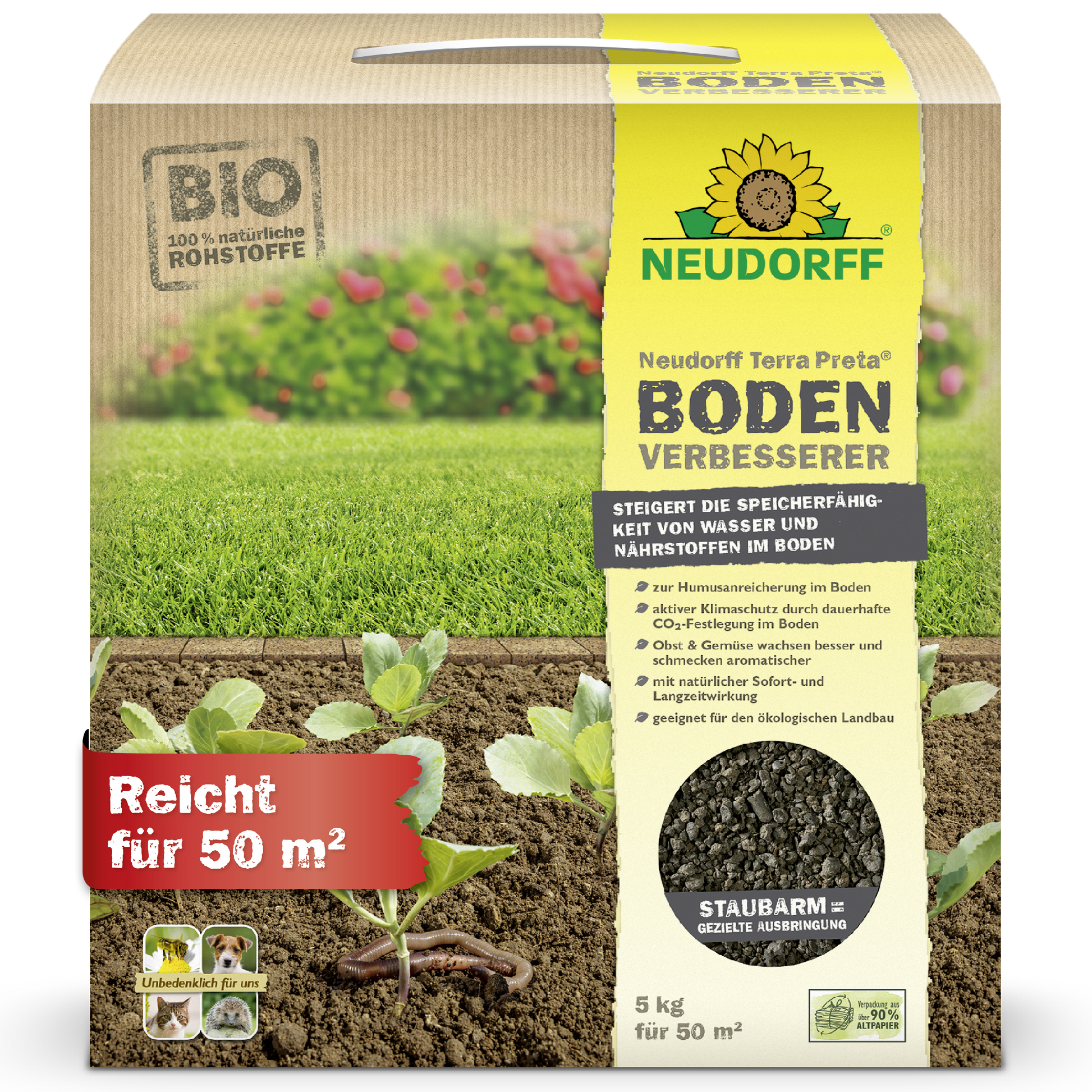 Der Neudorff Shop Neudorff Terra Preta BodenVerbesserer verbessert den Boden für Obst, Gemüse, Rosen und Rasenflächen. Mit Bio-Zutaten auf der Packung, Gartenfoto mit Pflanzen und Erde und rotem 50 m²-Etikett.