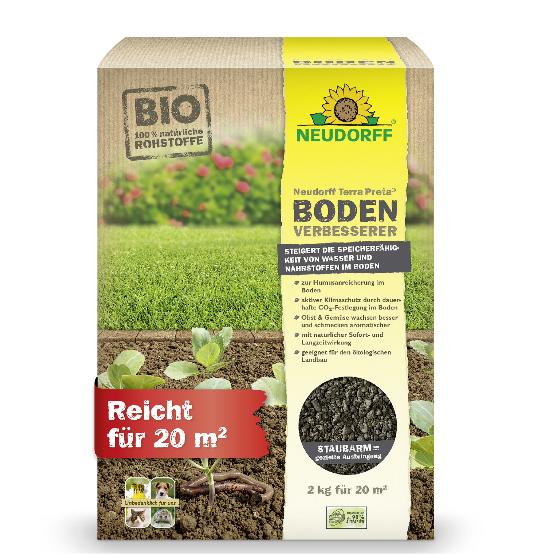 Eine 2 kg Kiste Neudorff Terra Preta BodenVerbesserer aus dem Neudorff Shop verbessert den Boden für Obst, Gemüse, Rosen oder Rasen und reicht für 20 m². Die Verpackung zeigt junge Pflanzen und Erde.