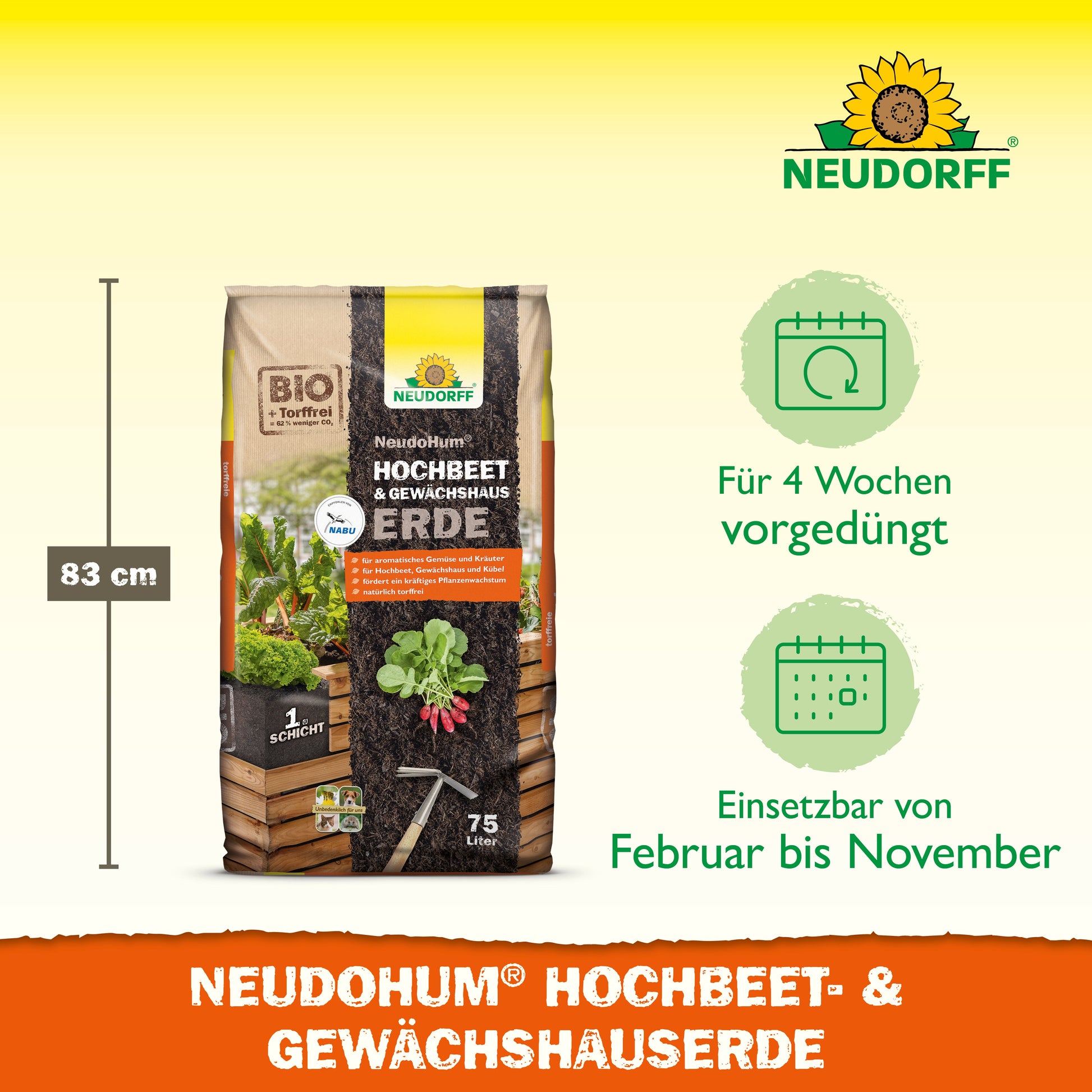 Abgebildet ist ein 75-Liter-Sack der NeudoHum Hochbeet & GewächshausErde von Neudorff Shop. Diese nährstoffreiche Erde ist ideal für Hochbeete und Gewächshäuser. Sie ist 83 cm hoch und bietet eine vierwöchige Vordüngung für die Verwendung von Februar bis November.