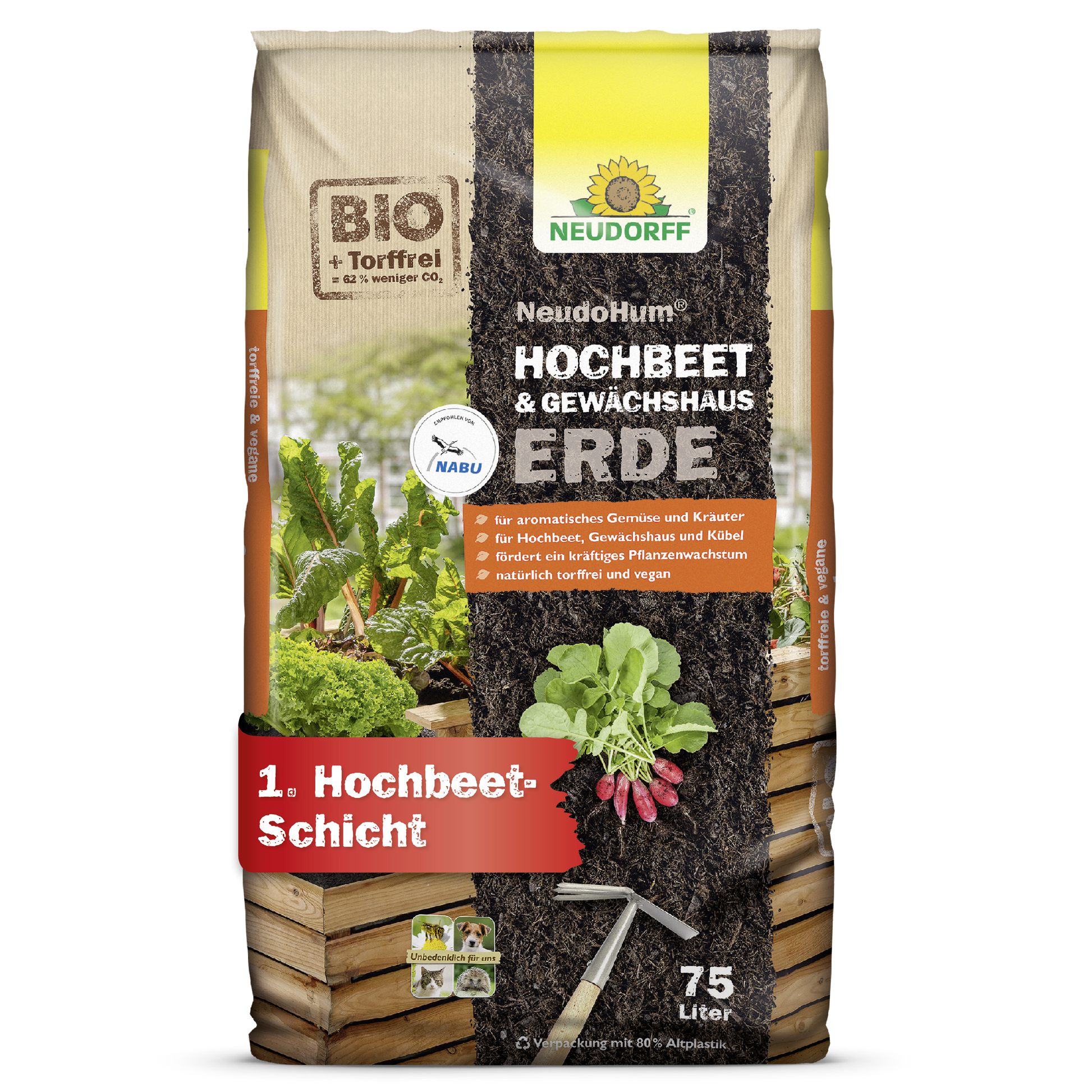 Die Neudorff Shop NeudoHum Hochbeet & GewächshausErde, eine 75 Liter fassende torffreie Bio-Erde, ist ideal für Gartenbeete und Gewächshäuser und zeigt auf ihrer Verpackung Bilder von Gemüse, Erde und einem Holzbeet.