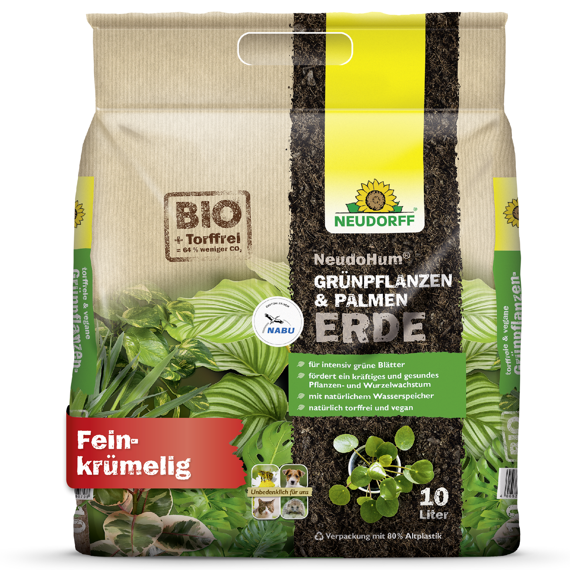 Ein 10-Liter-Beutel Neudorff Shop NeudoHum Grünpflanzen- & PalmenErde: biologische, vegane, torffreie Erde für Zimmerpflanzen und Palmen, mit feinkrümeliger Textur, natürlicher Wasserspeicherung, Pflanzenbildern und Zertifizierungslogos auf der Verpackung.
