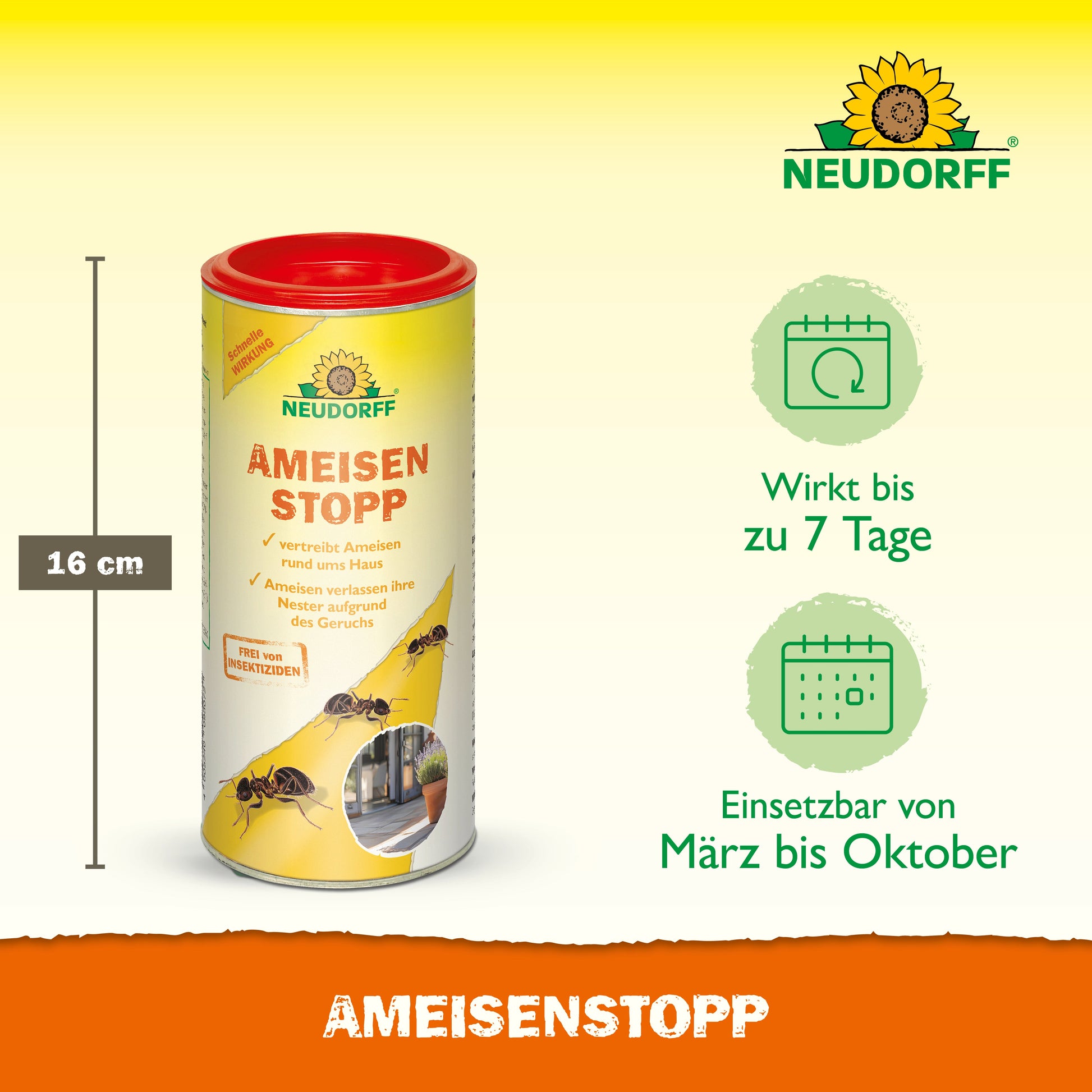 Abgebildet ist ein 16 cm hoher zylindrischer Behälter von Neudorff Shop AmeisenStopp. Dieses Ameisenbekämpfungsmittel ist bis zu 7 Tage lang wirksam und kann von März bis Oktober eingesetzt werden. Auf der gelb-roten Verpackung sind Bilder von Ameisen abgebildet.