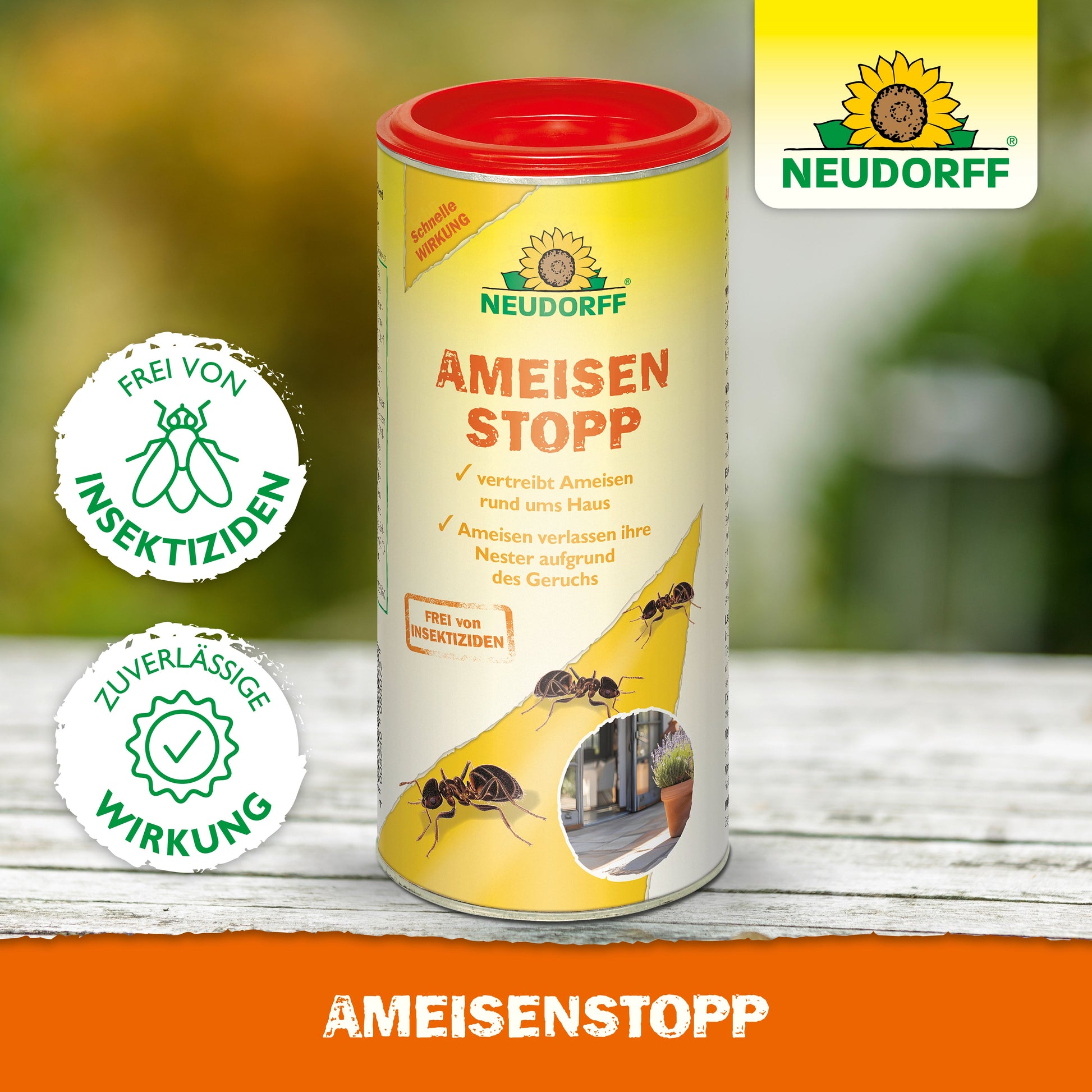 Eine zylindrische Dose Neudorff Shop AmeisenStopp mit rotem Deckel steht auf einer weißen Holzfläche, auf der Abbildungen von Ameisen, Produktangaben und ein Etikett mit dem Neudorff-Logo und grün-gelben Akzenten zu sehen sind.