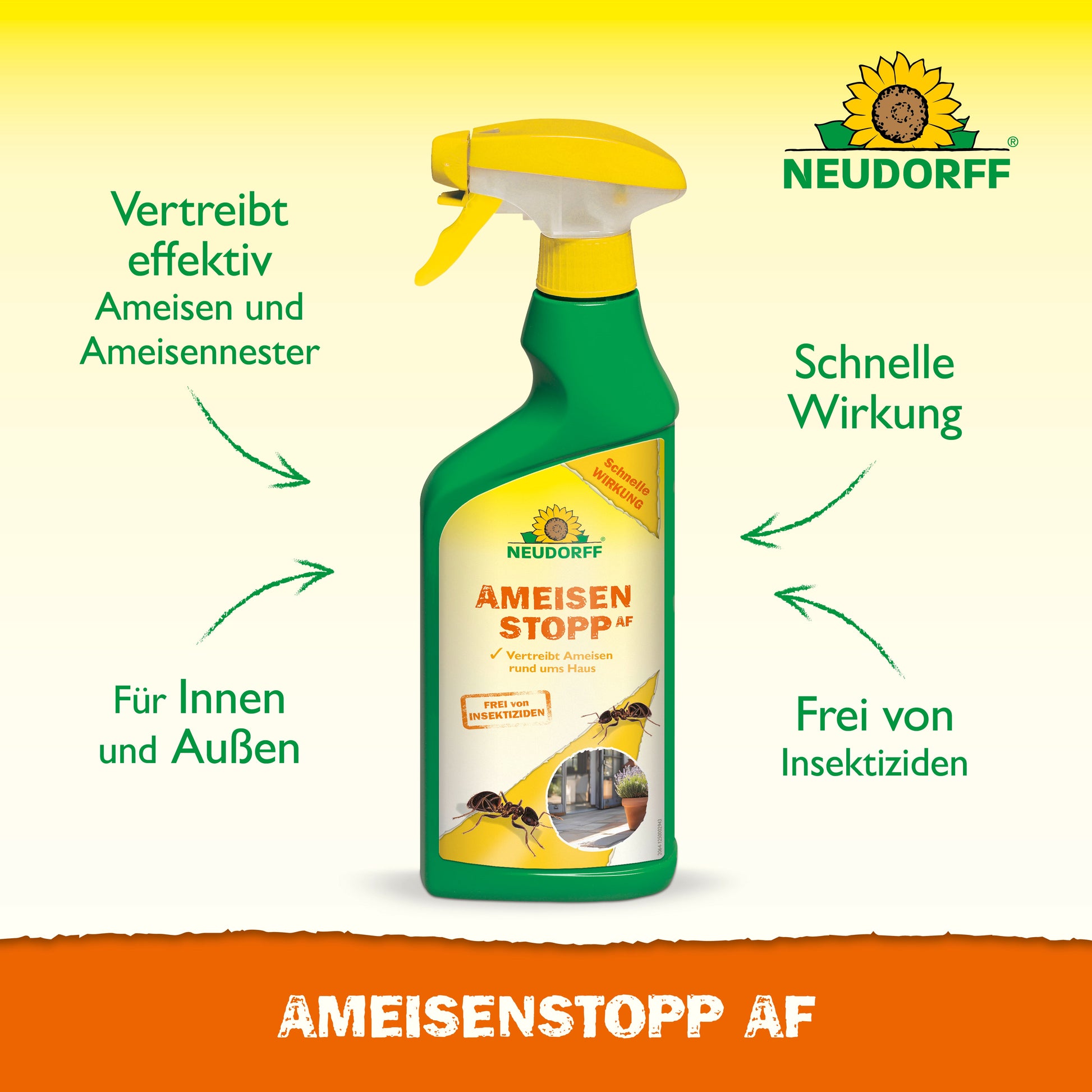 Eine Flasche AmeisenStopp AF von Neudorff Shop steht auf gelbem Grund, mit grüner Schrift, die auf die schnelle, insektizidfreie Wirkung und die Verwendung in Innenräumen wie der Küche oder im Freien wie der Terrasse hinweist.