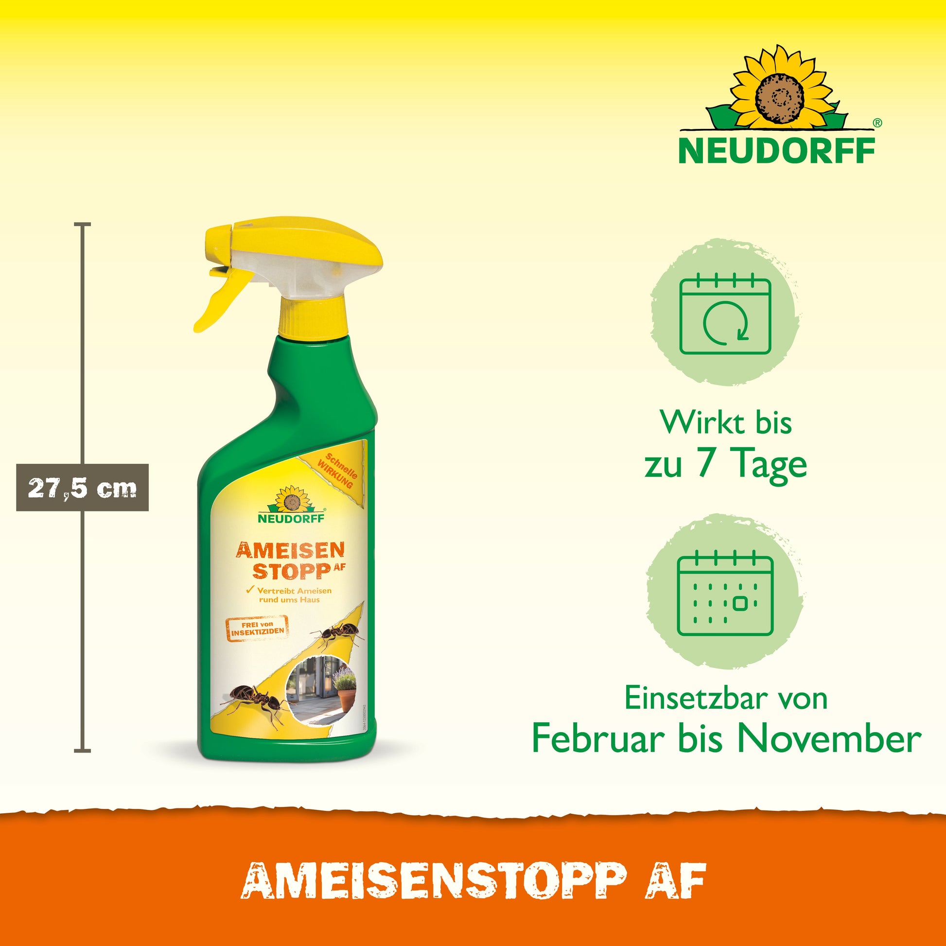 Abgebildet ist eine grün-gelbe 27,5 cm große Sprühflasche mit der Aufschrift "AmeisenStopp AF" von Neudorff Shop. Dieses Ameisenspray wirkt bis zu 7 Tage, ideal für den Einsatz von Februar bis November auf der Terrasse oder in der Küche. Das Neudorff-Logo befindet sich oben auf der Flasche.