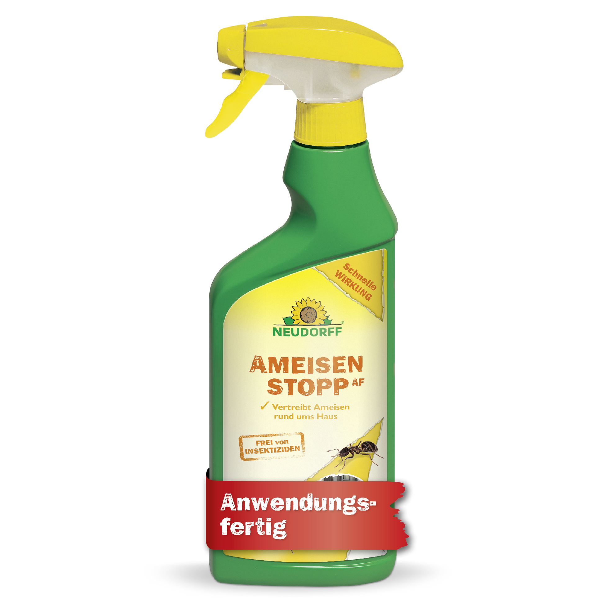 Eine grün-gelbe Sprühflasche mit der Aufschrift "Neudorff Shop AmeisenStopp AF" steht aufrecht. Auf dem Etikett steht, dass dieses Ameisenschutzmittel für den Terrassen- und Wohnbereich insektizidfrei ist. Ein rotes Banner am Boden sagt "Anwendungsfertig.
