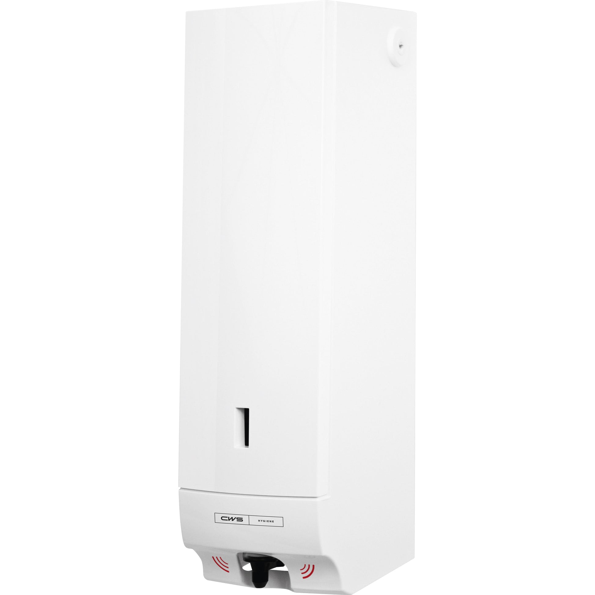 Der CWS ParadiseLine Seifenschaumspender Foam Slim Non-Touch, in weiß mit Blende, ist ein rechteckiger, wandmontierter Seifenschaumspender mit schwarzer Sensorfläche und kleinem Frontschlitz für berührungslose Hygiene.