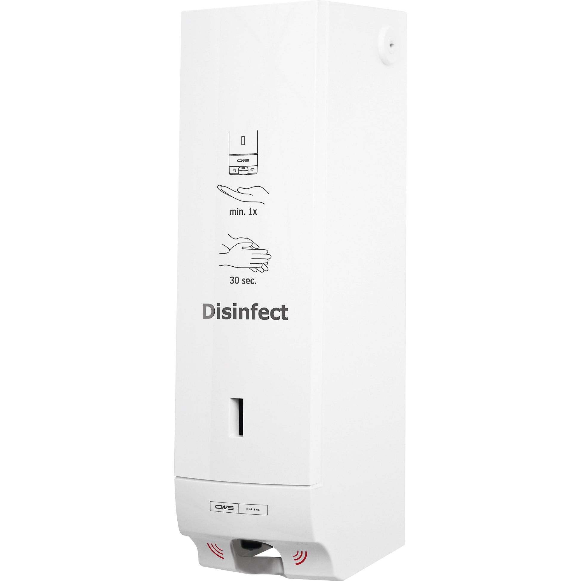 Der CWS ParadiseLine Desinfektionsmittelspender Disinfect Non touch, mit Panel weiß (1 Stück) bietet berührungslosen Betrieb. Handsymbole zeigen eine Pumpe auf die Hand, die dann 30 Sek. einreibt; "Disinfect" ist auf der Vorderseite für hygienische Nutzung aufgedruckt.