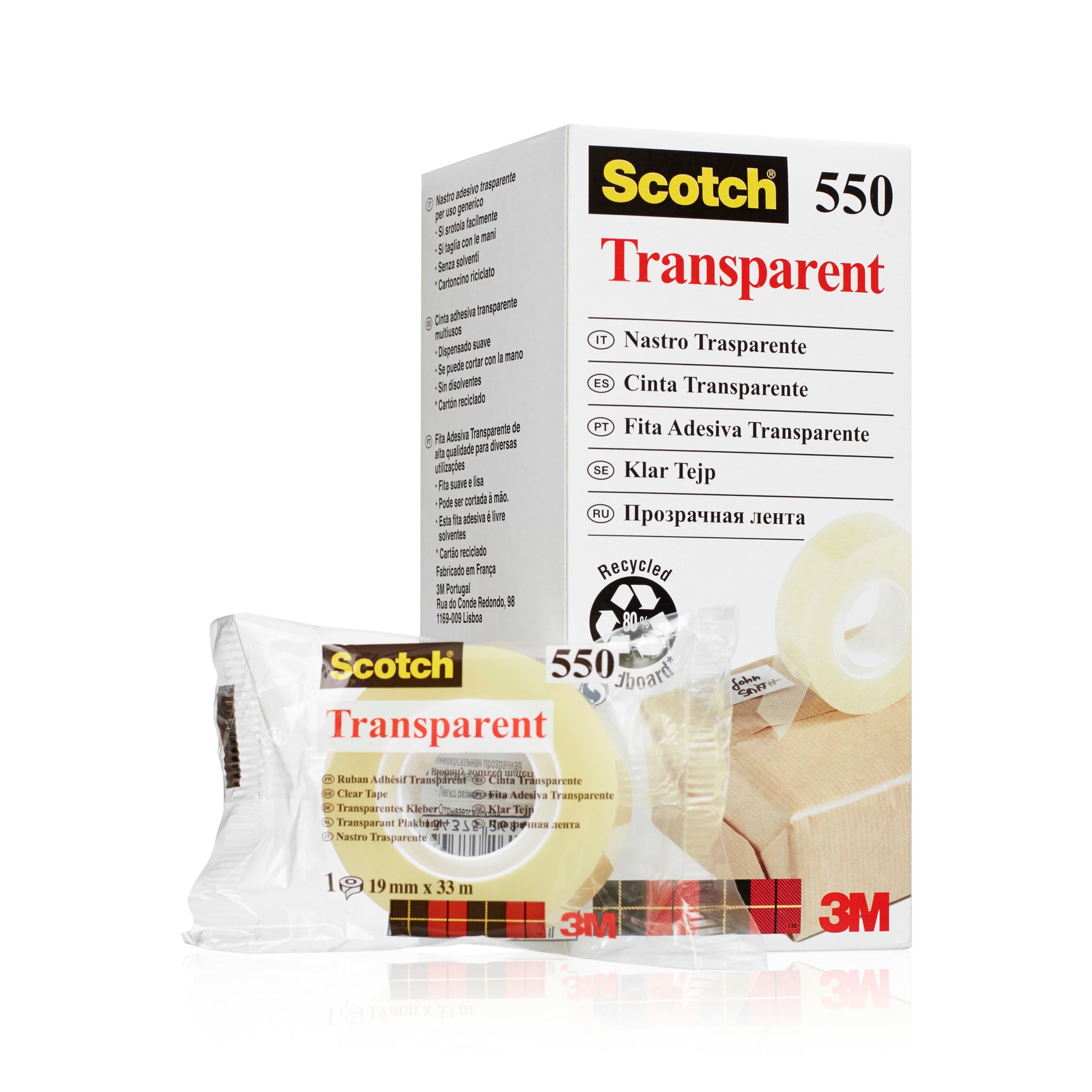 Abgebildet sind ein Karton und eine in Kunststoff verpackte Rolle Scotch® Transparentes Klebeband 550 von 3M Deutschland GmbH. Auf dem Karton sind der Produktname in mehreren Sprachen, eine Abbildung des Klebebandes und das 3M-Logo unten rechts abgebildet.