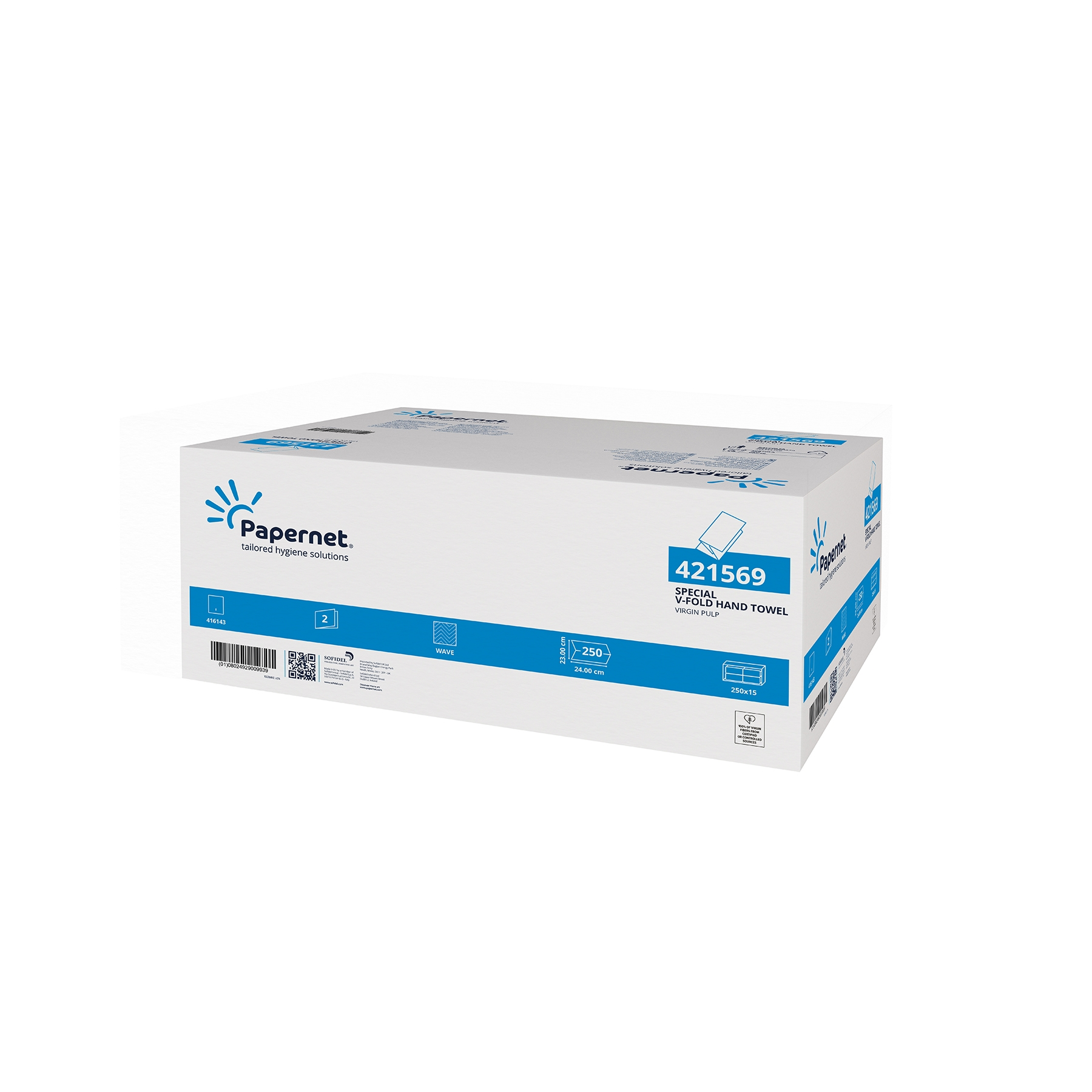 Eine große weiße Schachtel der Marke Papernet von Sofidel Germany GmbH (Produktnummer 421569) weist blaue Akzente und Grafiken des EU-Umweltzeichens auf, die darauf hinweisen, dass sie V-Falz gefaltete Papierhandtücher für effizientes Händetrocknen enthält.