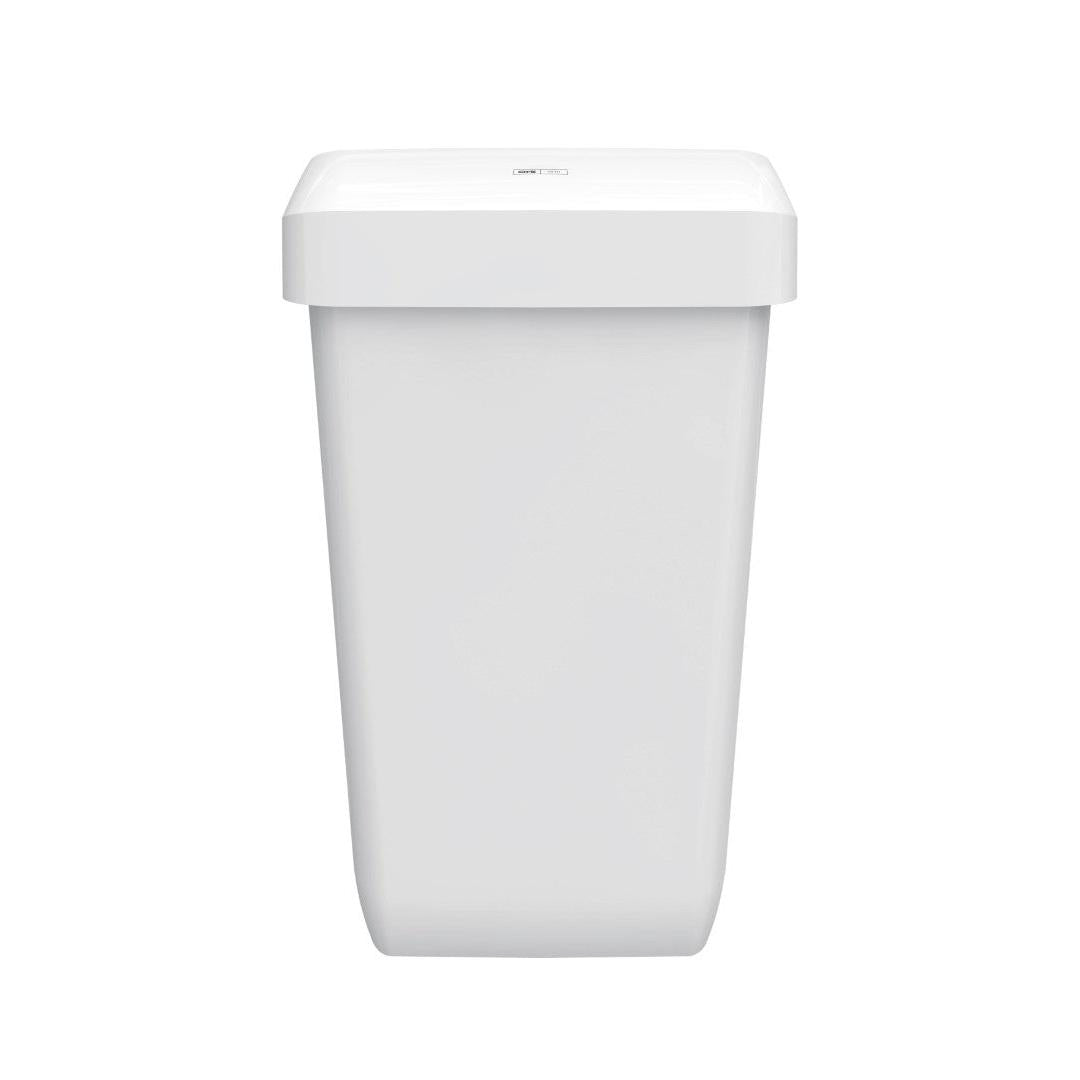 Der CWS ParadiseLine Abfallbehälter Paper Bin in weiß (23 l) zeichnet sich durch ein schlichtes, rechteckiges Design mit flachem Deckel aus, der auf weißem Hintergrund abgebildet ist.