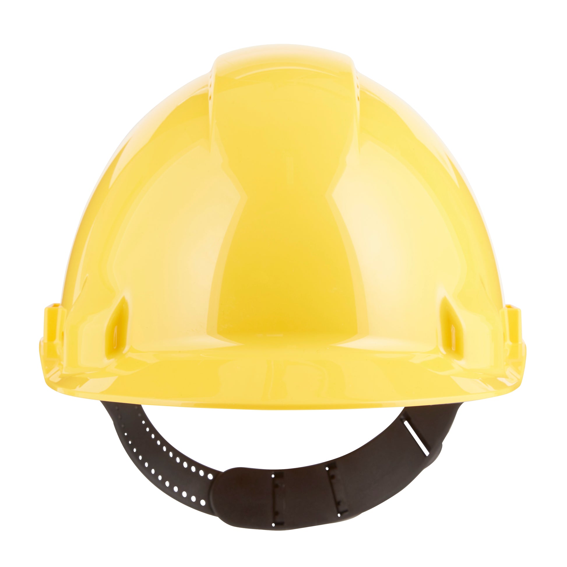 Der 3M™ Schutzhelm G3000C Uvicator von 3M Deutschland GmbH ist ein gelber Schutzhelm mit einem schwarzen, verstellbaren Riemen und einem Uvicator-Sensor, der von vorne vor einem weißen Hintergrund abgebildet ist.
