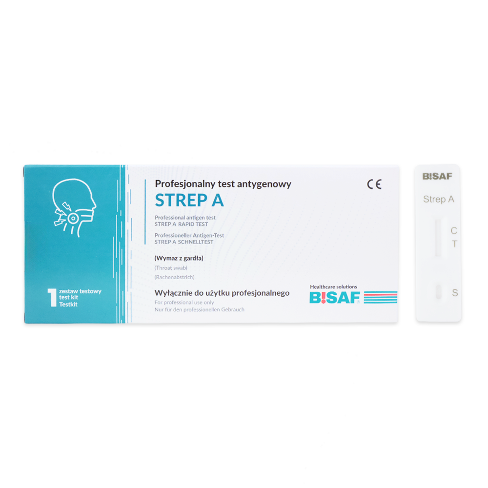 Die Altruan Strep A - Bisaf Professional 1 Test | Packung (1 Stück) enthält einen polnischen Text, eine Abbildung des Rachens und einen mit "Strep A" beschrifteten Teststreifen mit Ergebnismarkierungen für den schnellen Nachweis von Streptokokkenangina.