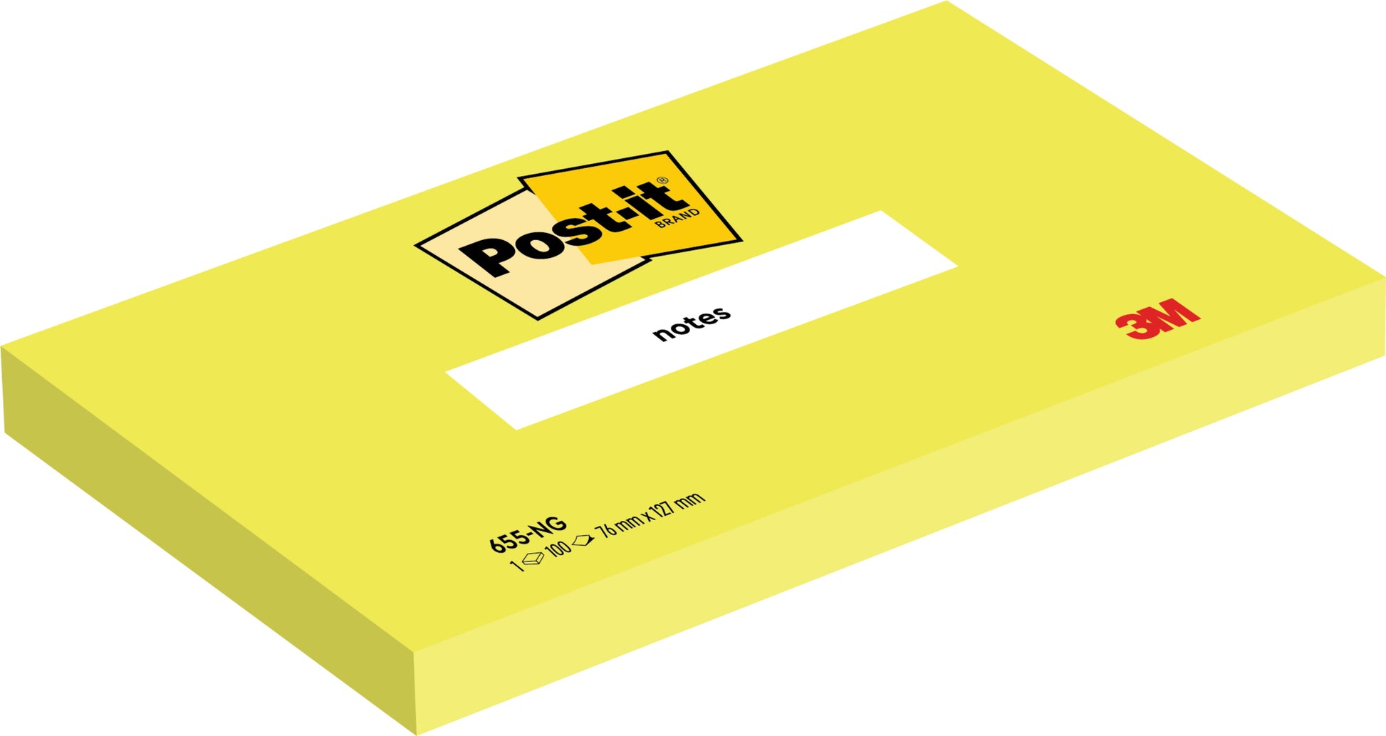 Abgebildet ist ein rechteckiger gelber Post-it® Notizblock (76 mm x 127 mm, 100 Blatt/Block, 100% PEFC) der 3M Deutschland GmbH mit dem Post-it-Logo oben, "notes" in der Mitte und dem 3M-Logo in der rechten unteren Ecke.