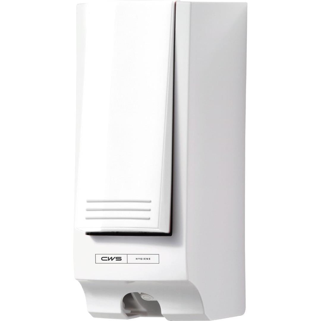 Der CWS ParadiseLine Toilettensitzreiniger-Spender SeatCleaner in Weiß ist ein rechteckiger, wandmontierter Spender mit modernem Design, Push-Hebel unten und "CWS Hygiene"-Label für hygienische Sauberkeit.