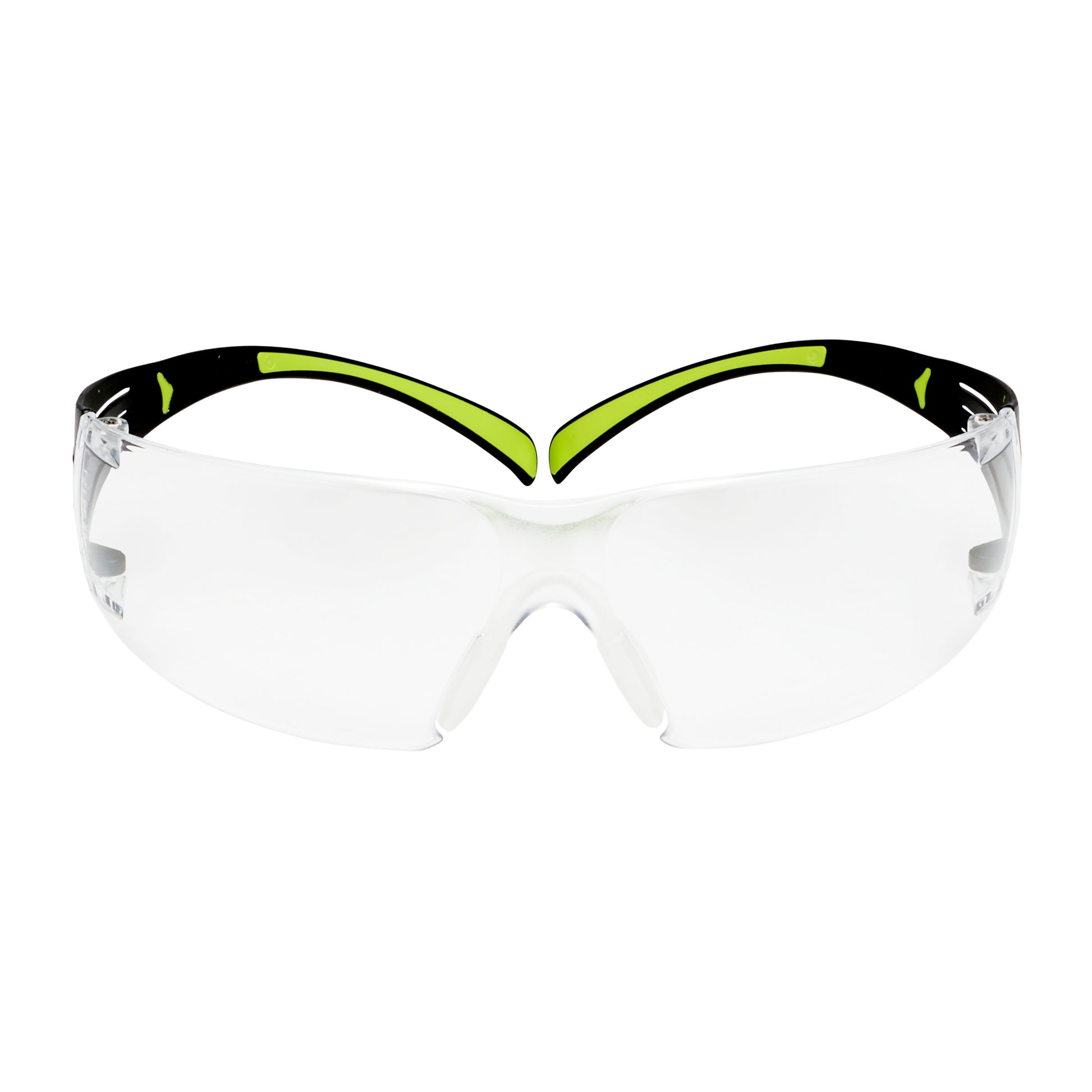 Die 3M™ SecureFit™ Schutzbrille 400 von 3M Deutschland GmbH hat klare, umlaufende Gläser und einen schwarz/neongrünen Rahmen, der auf der Vorderseite vor einem weißen Hintergrund abgebildet ist.