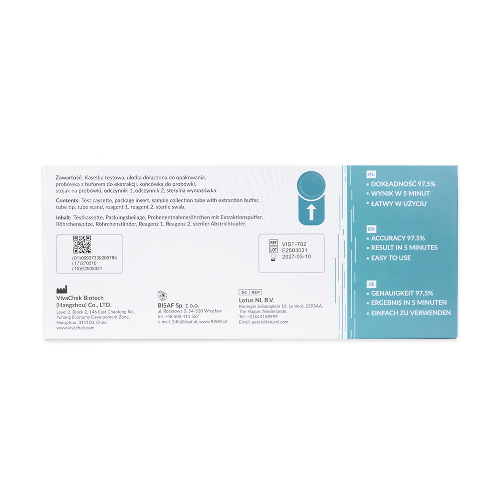 Die rechteckige Packung Strep A - Bisaf Professional 1 Test (Altruan) enthält Produktinformationen in polnischer und deutscher Sprache, eine Anleitung, den Hersteller/Barcode und eine blaugrüne Seitenwand, die die Genauigkeit, schnelle Strep A-Ergebnisse und die einfache Anwendung hervorhebt.