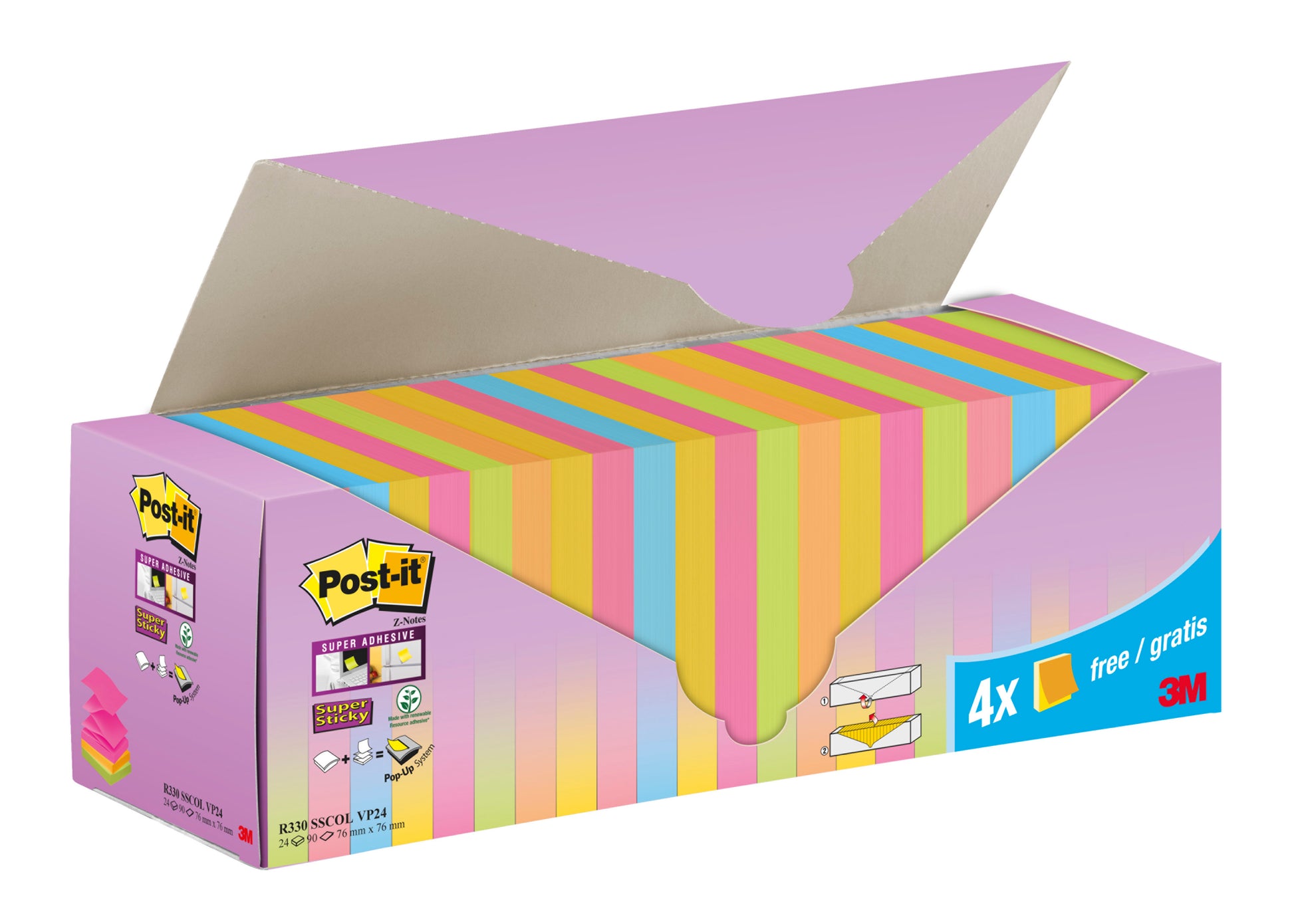 Eine teilweise geöffnete Schachtel Post-it® Super Sticky Z-Notes (3M Deutschland GmbH) in verschiedenen Farben zeigt 24 Blöcke (4 gratis), jeweils 76x76mm mit 90 Blatt, verpackt in einem Karton. 100% PEFC-zertifiziert.