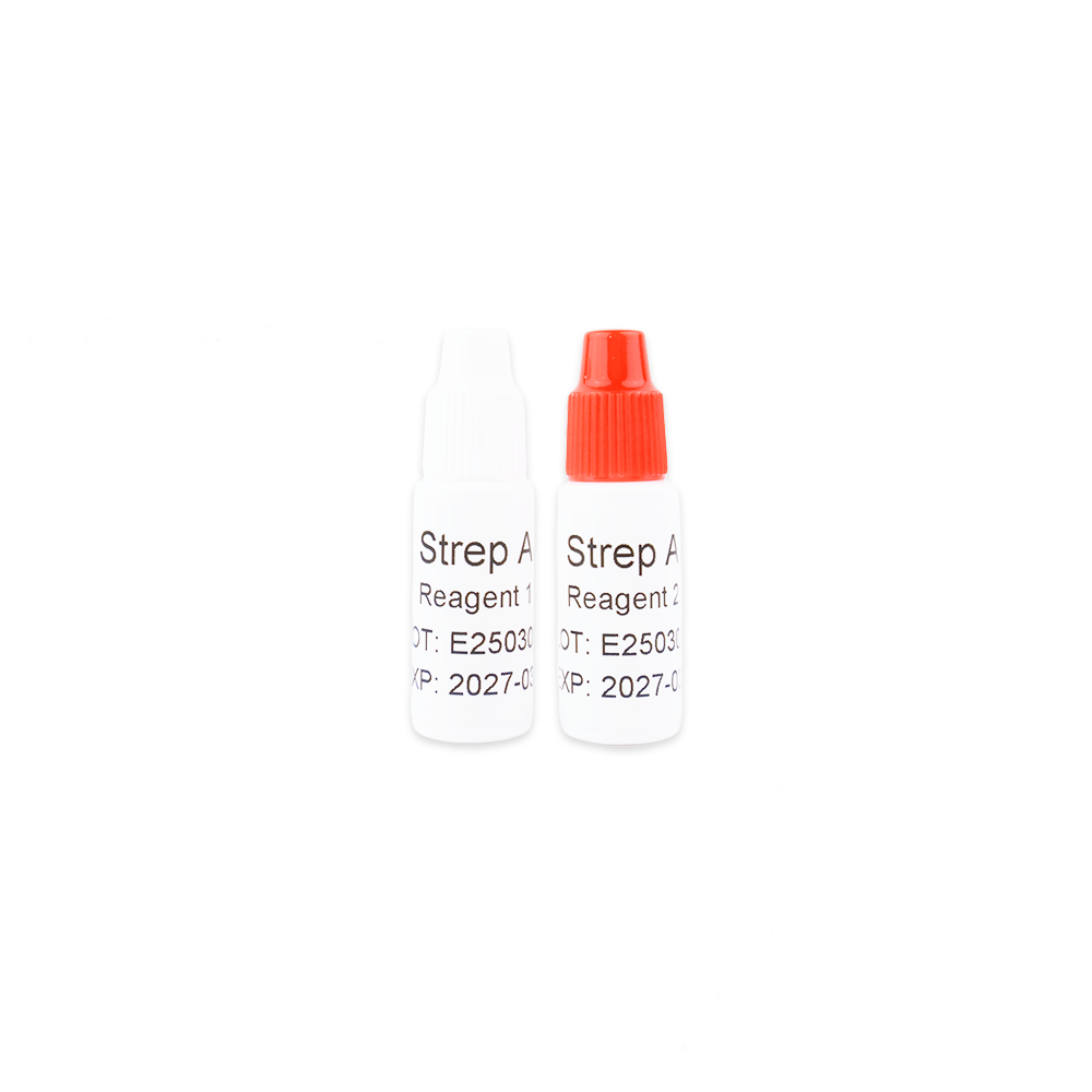 Der Altruan Strep A - Bisaf Professional 1 Test (1 Stück) enthält zwei kleine Reagenzflaschen für Strep A-Tests; eine mit weißem Verschluss ("Reagenz 1") und eine mit rotem Verschluss ("Reagenz 2"), beide mit Chargen- und Verfallsdatum auf dem weißen Etikett.