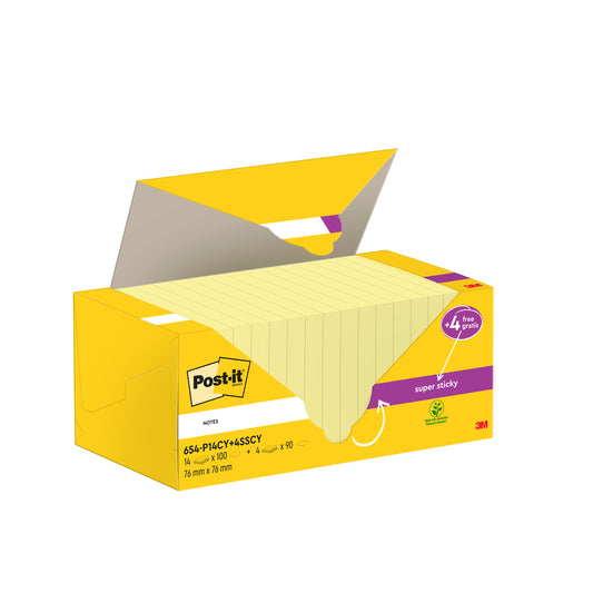 Eine geöffnete gelbe Schachtel mit 3M Post-it® Notes (76x76 mm) offenbart mehrere Blöcke. Die Packung enthält 14 Blöcke (je 100 Blatt) plus 4 Super Sticky Notes-Blöcke als Gratiszugabe. Alle Zettel sind PEFC-zertifiziert.