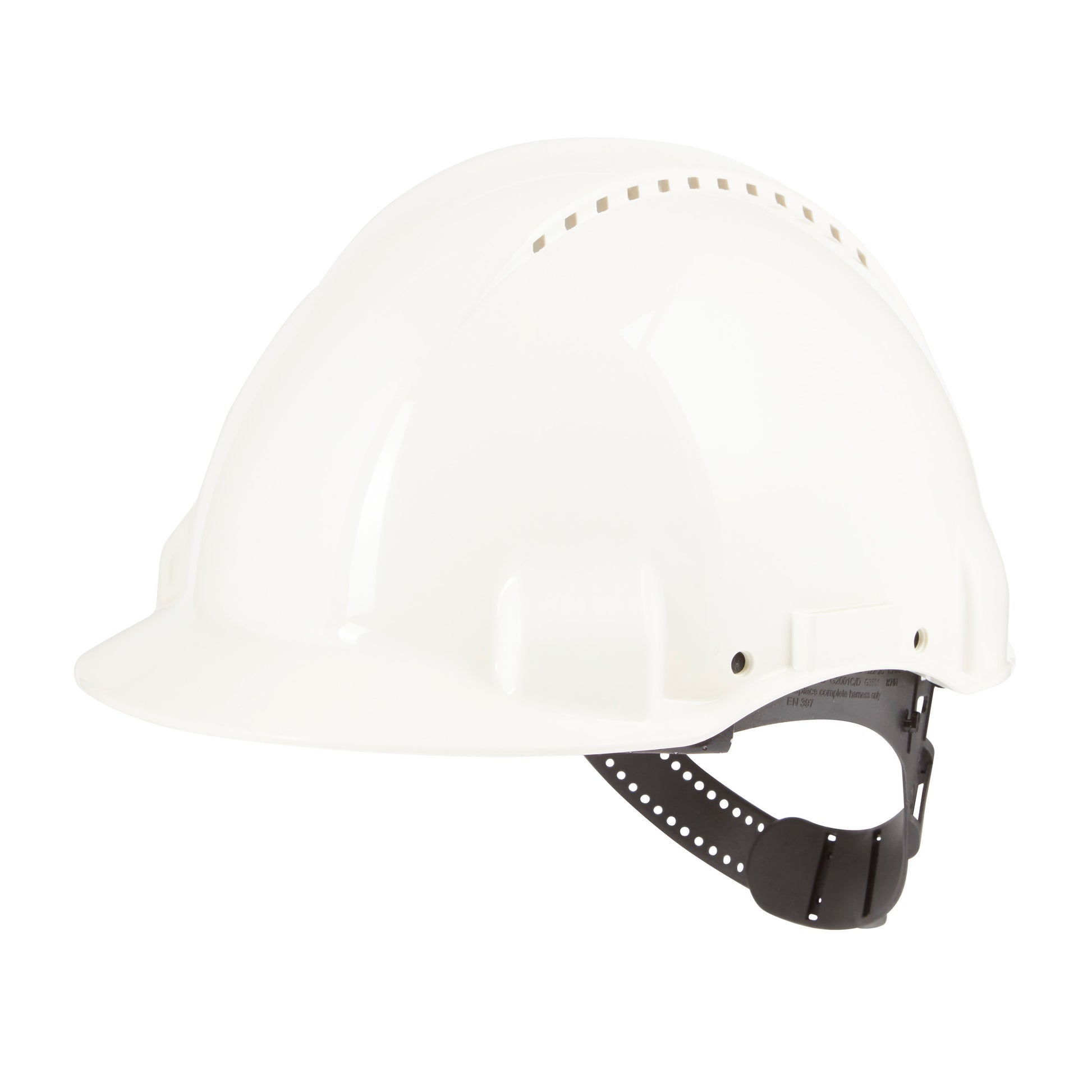 Der 3M Deutschland GmbH 3M™ Schutzhelm G3000C Uvicator verfügt über Belüftungslöcher, einen verstellbaren schwarzen Kinnriemen und einen Uvicator Sensor für optimalen Arbeitsschutz, abgebildet auf einem schlichten weißen Hintergrund.