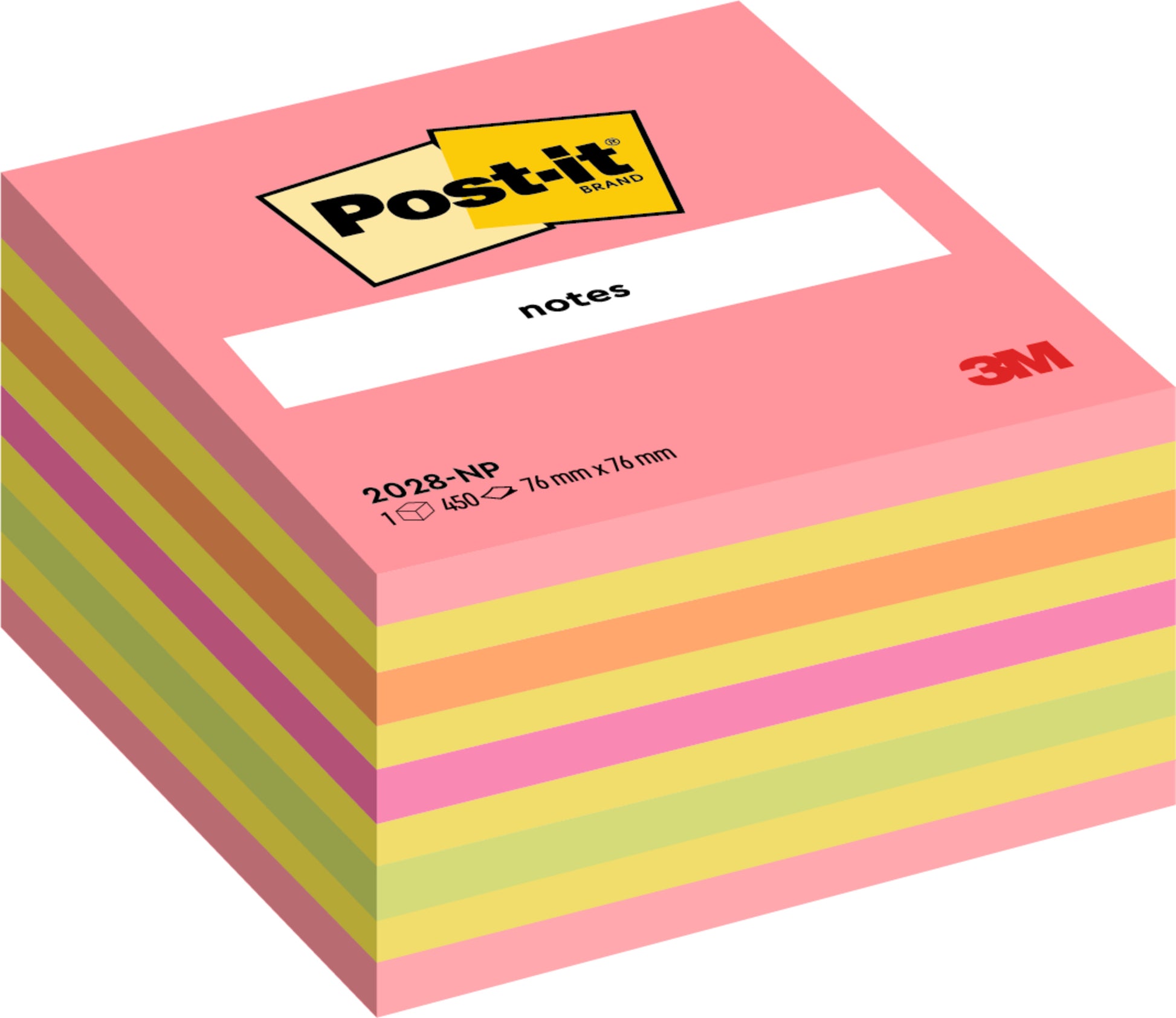 Ein Würfel mit 450 Blatt Post-it® Notes (76 x 76 mm) von 3M Deutschland GmbH, mit pinkfarbenen, gelben und grünen Notizen. Produkt-Code: 2028-NP. Hergestellt aus 100% PEFC-zertifiziertem Papier.